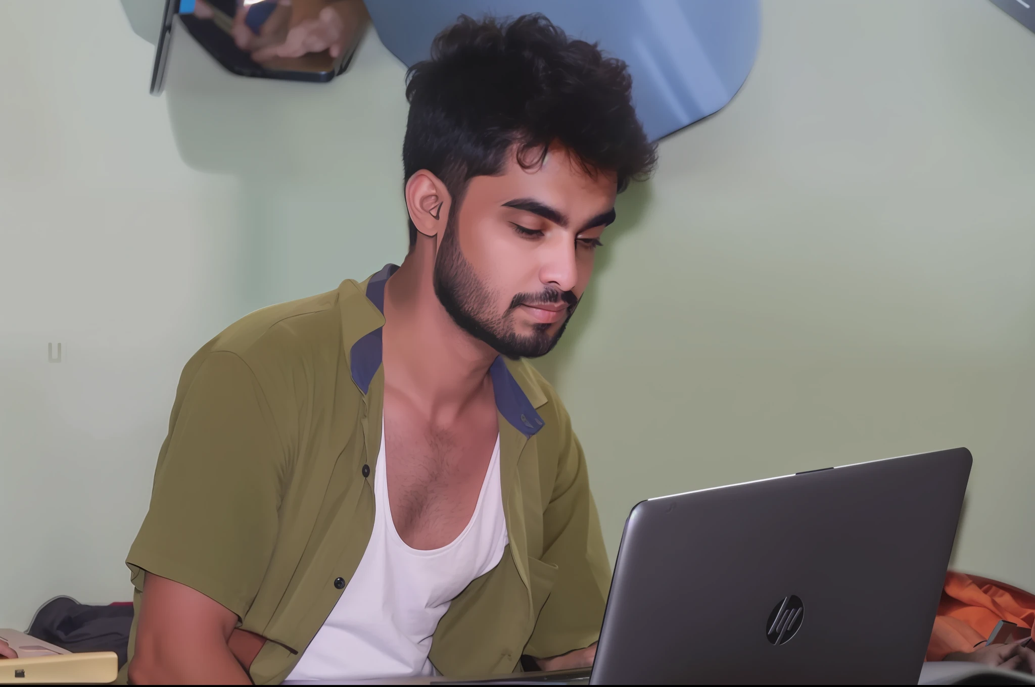 there is a man sitting on a bed using a laptop, with a laptop on his lap, laptop, computer, in front of a computer, working hard, centre image, working, typing on laptop, student, inspired by Saurabh Jethani, using his desktop pc, taken with canon 8 0 d, sitting at a computer, profile shot, programmer