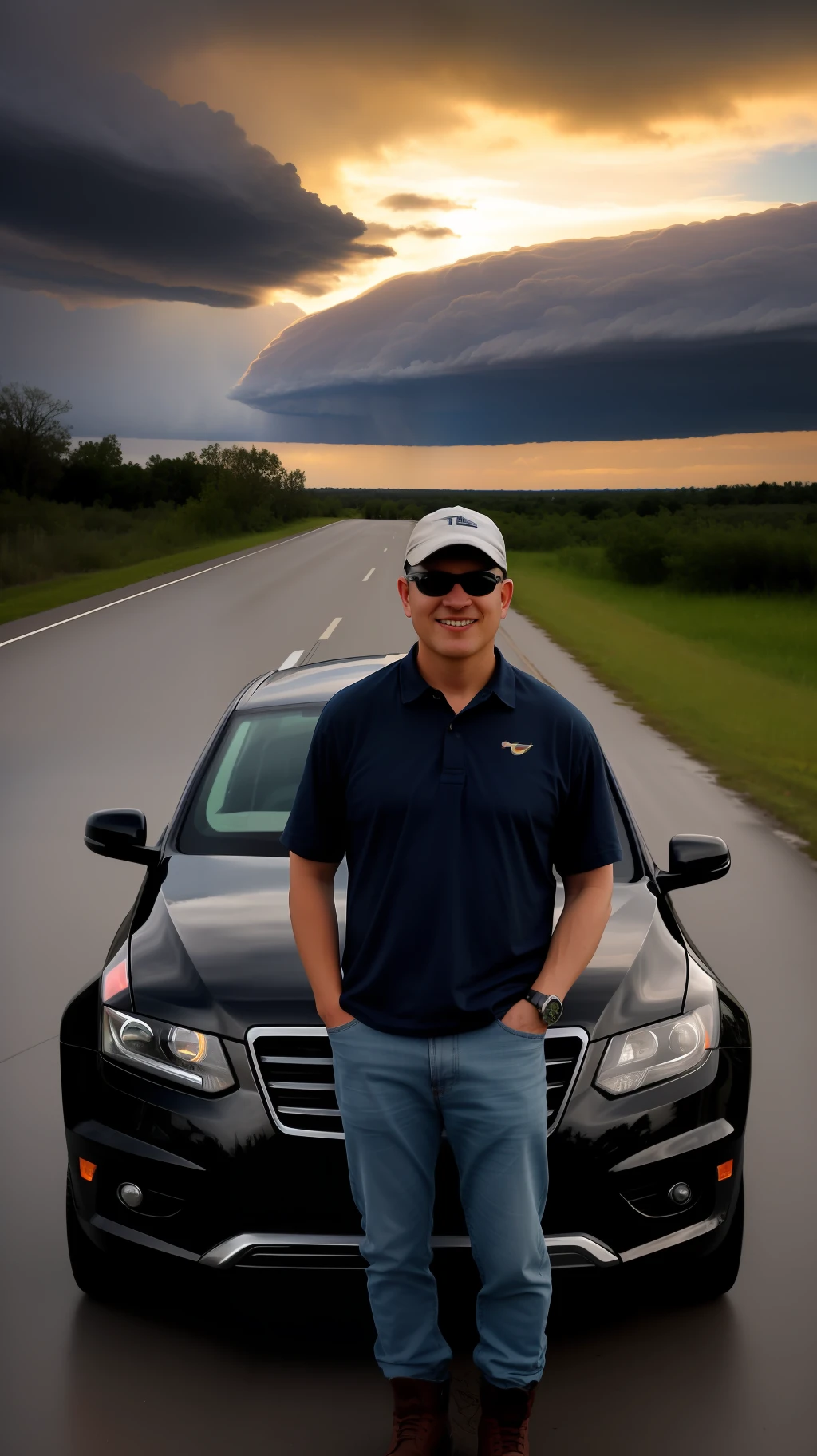 Tempestade, Shelf Cloud Phenomenon, fotografia estilo landscape, balanced lighting, low exposure, foto tirada de uma nikon d5600 com lentes 14mm, melhor qualidade 64K, sun sunset, atmosfera amarronzada pela poeira, estrada de terra, Tornado Intercept Vehicle 1 estacionado na estrada, man in jeans, camisa polo, Boots and cap next to the vehicle looking at the camera smiling, Dark and threatening cloud, realista