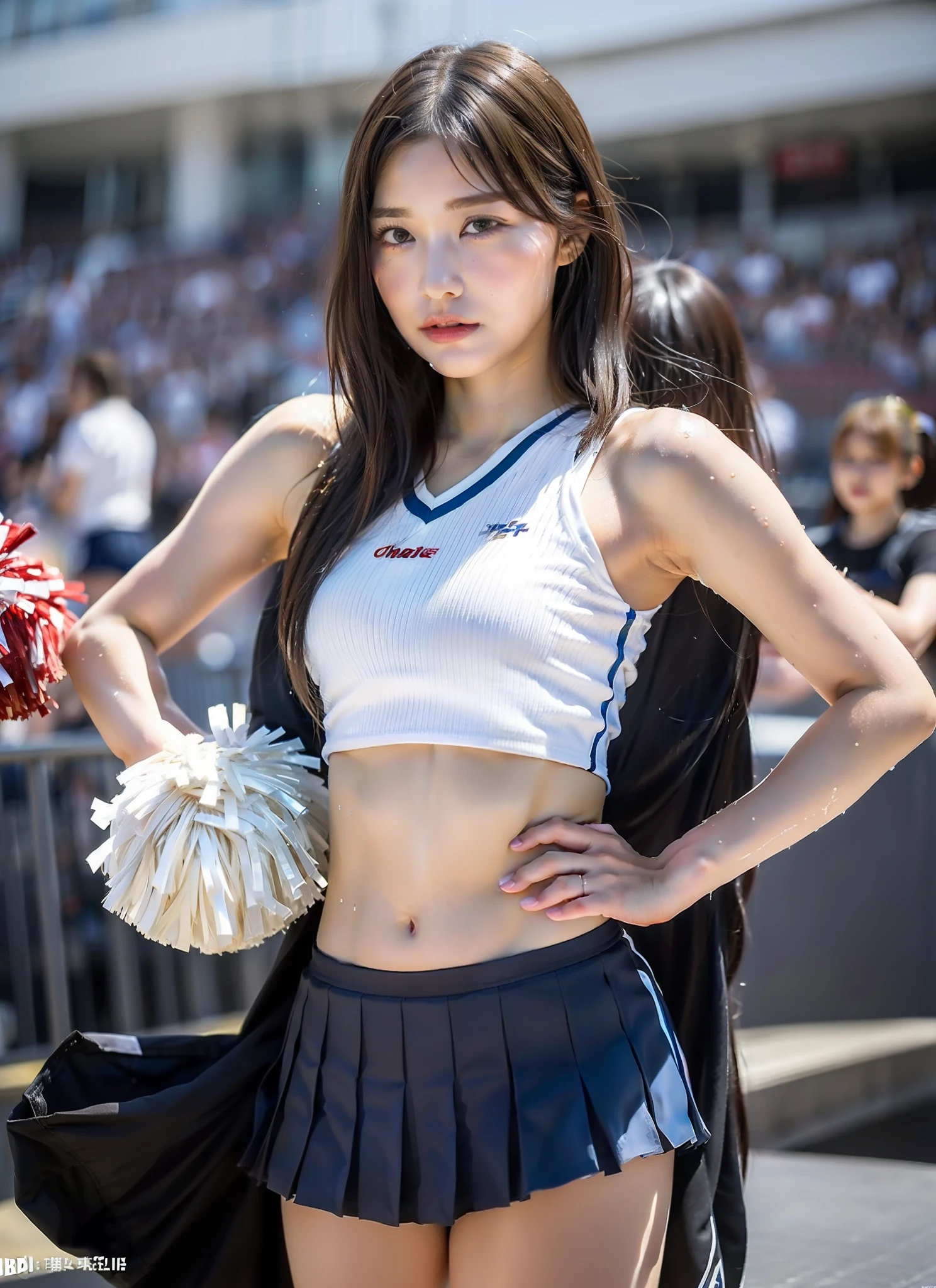 1人の女性、8K、Raw photography、(top-quality、masterpiece、intricate detailes: 1.4)、(realisitic、Photorealsitic: 1.3)、(reallistic: 1.3)、Photorealsitic、 Japan Cheerleaders、Only pompoms in the hands、a navel、skirt by the、((Woman standing:1.8))、Stadium Background、(Beauty like an actress in Japan)、(cheerleaders:1.6)、(Bob Hair:1.8)、(wetting hair)、(Wet bangs)、wetted skin、(nipple protrusions that can be seen through)、 20yr old、(a small face:1.5)、(Embarrassed look)、Light makeup、Thin eyebrows、 detailed and beautiful faces、A detailed eye、(Tear bag:1.1)、Detailed finger、Detailed legs、Detailed skin、Medium chest、Lustrous hair、Lustrous skin、Wet and drippy hair、Wet and drippy skin、Wet clothes、(no-bra)、(No Underwear)