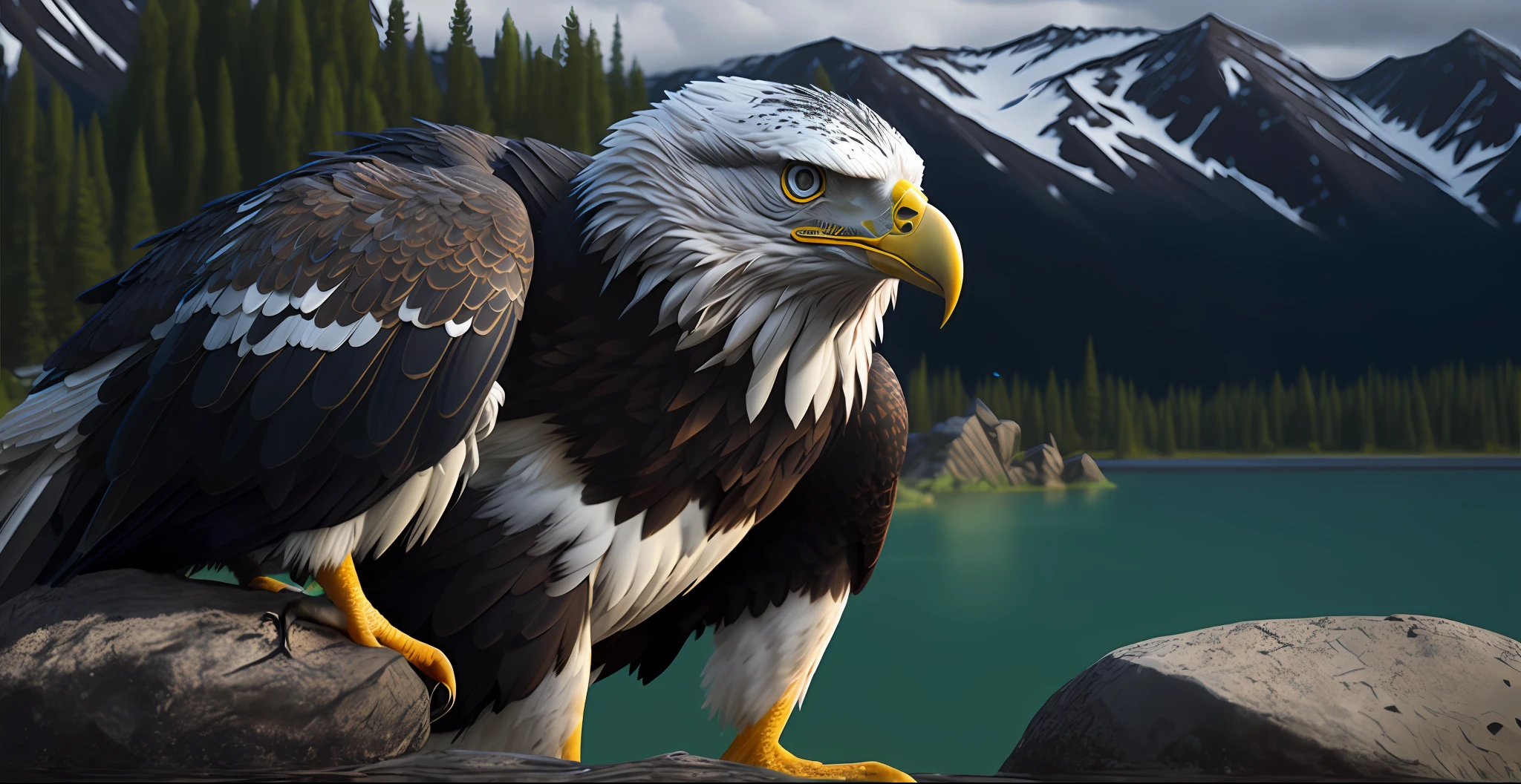 There is a bald eagle standing on a rock near a lake, aquila, fotorrealista altamente detalhado, an eagle, bald eagle, incrivelmente alto detalhou, 8 k animal ultra realista, Arte 4K altamente detalhada, alto detalhe 4k, alto detalhe 4K, arte digital altamente detalhada, altamente detalhado realista, Arte 3D digital detalhada, Eagle Head, ultra realistic illustration