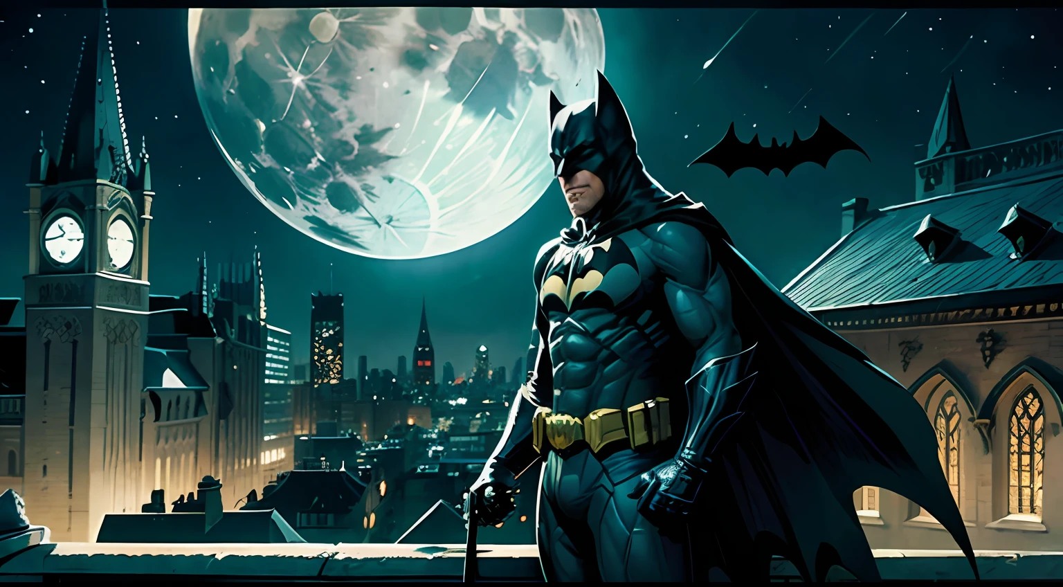 Batman character on the terrace of a church under the moon with comic book style dash --auto