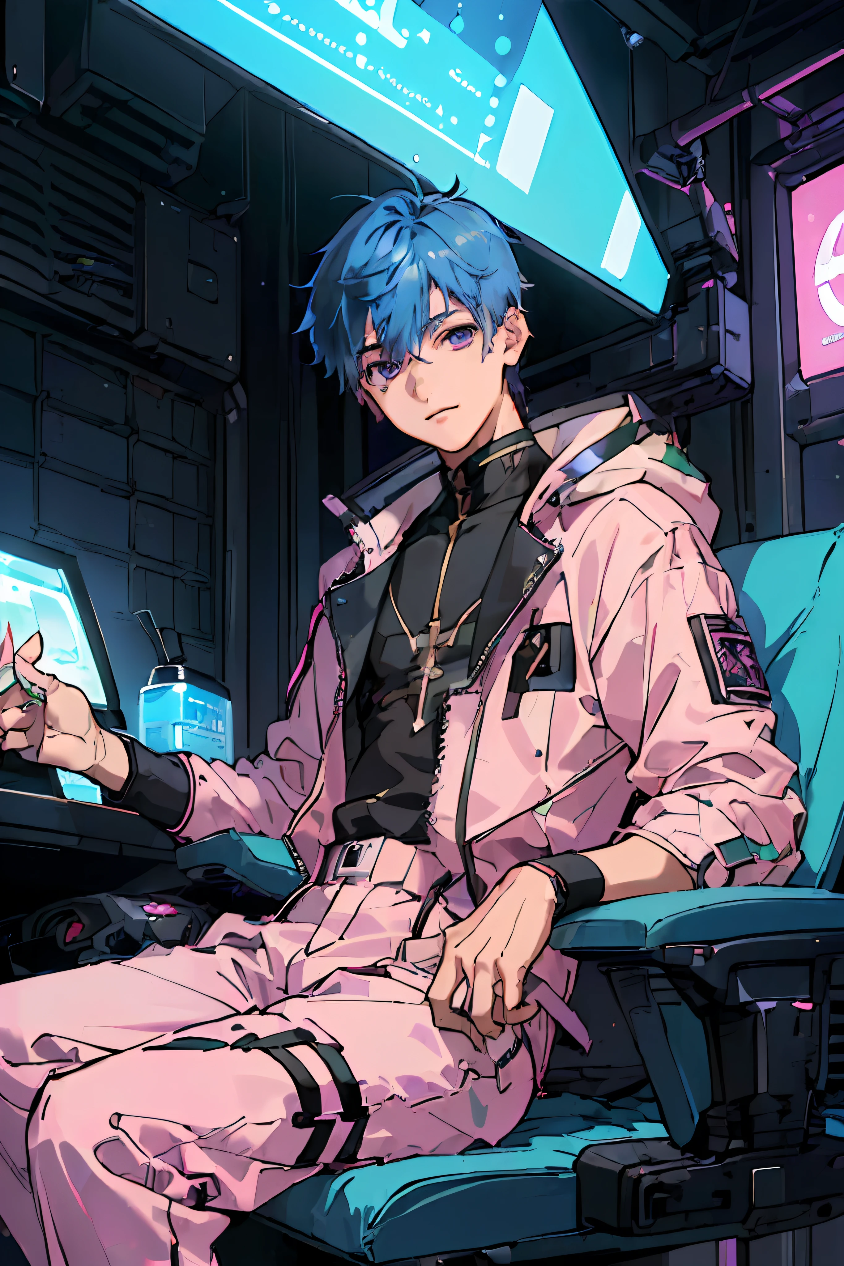 (AS-Young:1.7), (1boy:1.8), (male focus:1.2), (cute:1.7) solo, solo focus, masterpiece, ((exquisite_detail)), illustration, (handsome), extremely_detailed_CG, blue hair, magenta eyes, looking at viewer, sitting down, cyberpunk boy, scifi, pink overall, on a cyberpunk space station, smiling