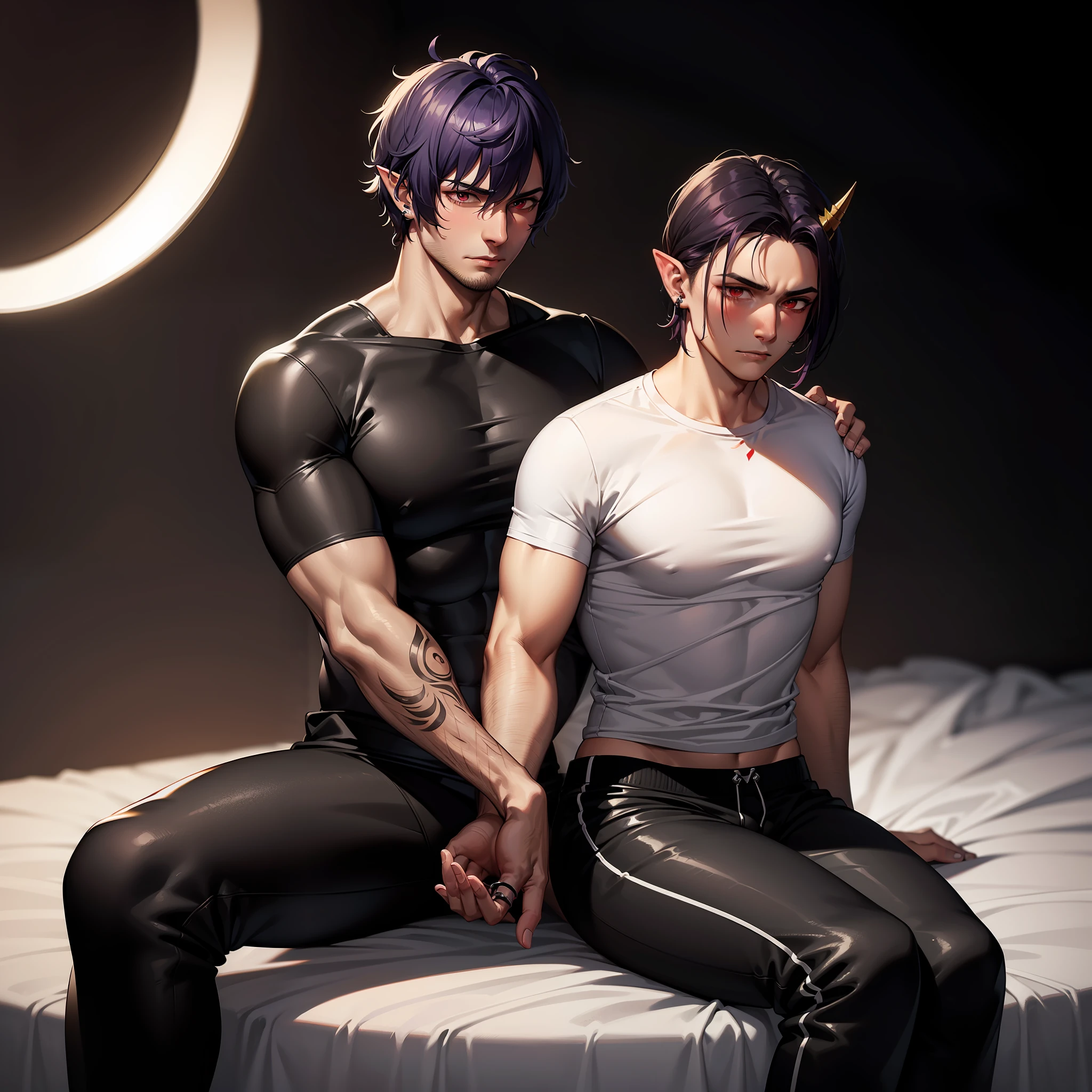 Handsome male, purple hair, short hair, wavy hair, detailed body, detailed hands, horns, expressionless, arrogant expression, red eyes, roman nose, almond eyes, baggy T-shirt, black t-shirt, cocky, nightfall, handsome, bushy brows, pointy ears, ear piercings, rings, good looking, tattoos, dark skin, brown skin, charming, good quality, huge bulge in pants, black sweatpants, manly, sitting on bed, buff man, blushing expression, shy