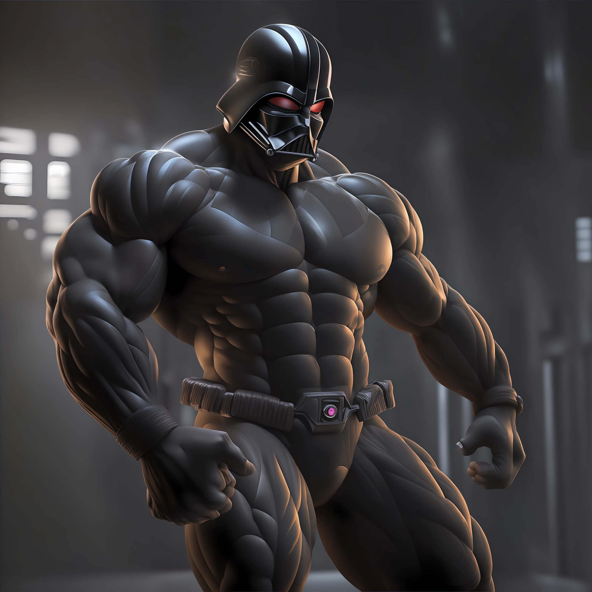 (extremely detailed CG unity 8k wallpaper, masterpiece, best quality, ultra-detailed), (best illumination, best shadow), (a big muscular bodybuilder:1.4) holding the mask of Darth Vader (detailed skin texture), fierce and strong pose, (dramatic lighting: 1.3), under the spotlight, fast and dynamic movement, strong expression.