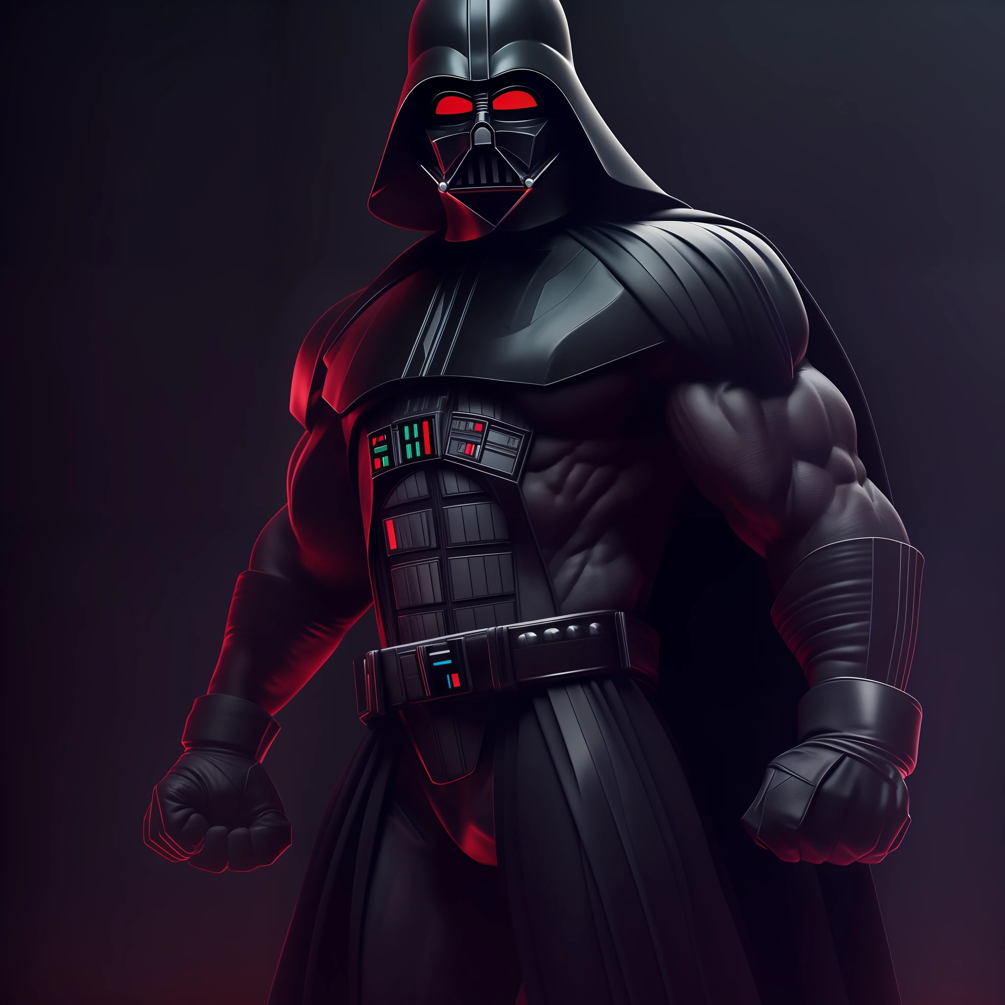 (extremely detailed CG unity 8k wallpaper, masterpiece, best quality, ultra-detailed), (best illumination, best shadow), (a bodybuilder:1.4) holding the mask of Darth Vader (detailed skin texture), fierce and strong pose, (dramatic lighting: 1.3), under the spotlight, fast and dynamic movement, strong expression.