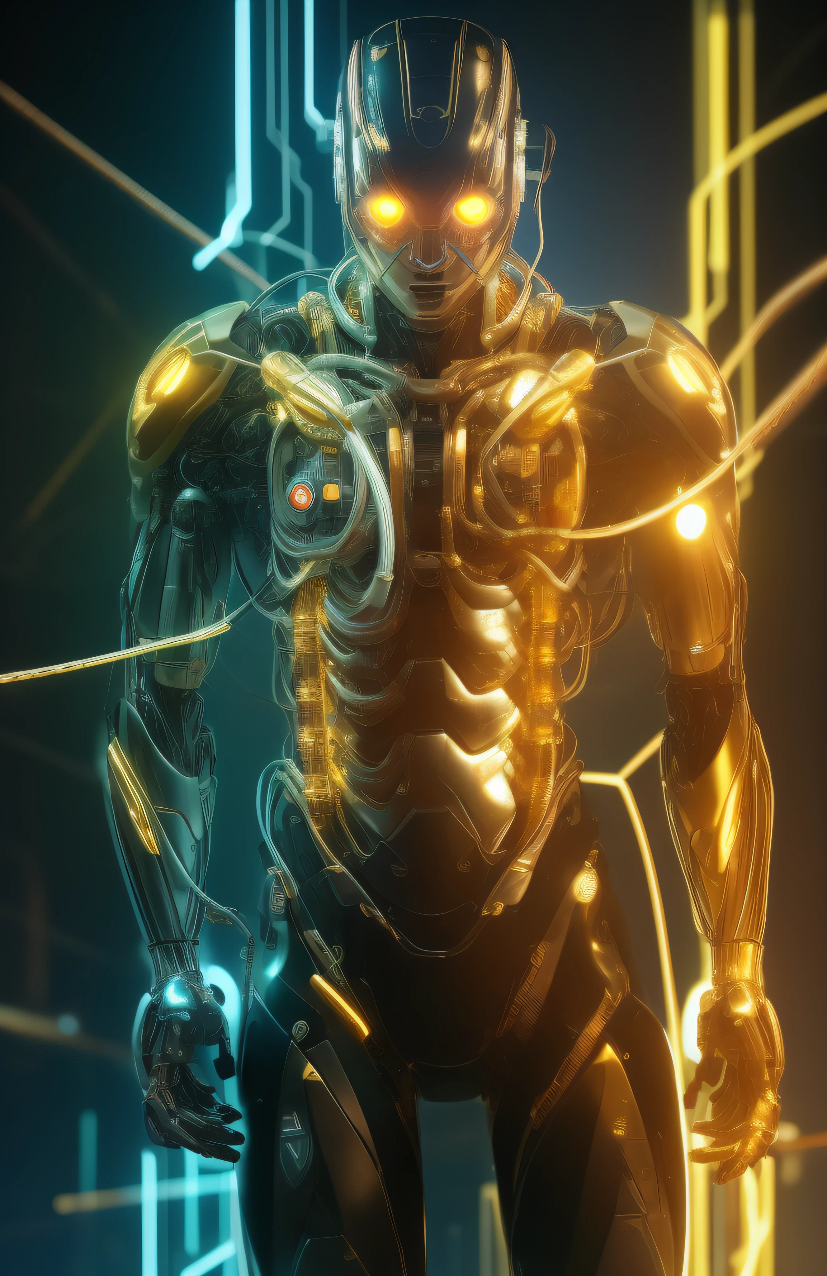 man, gold oil leaking from wires , cyborg man | with a visible detailed brain | muscles cable wires | biopunk | cybernetic | cyberpunk | Luminous light strip,Frosted silver metal,Future Technology,Fantasy Art, canon m50 | 100mm | sharp focus | smooth | hyperrealism | highly detailed | intricate details | carved