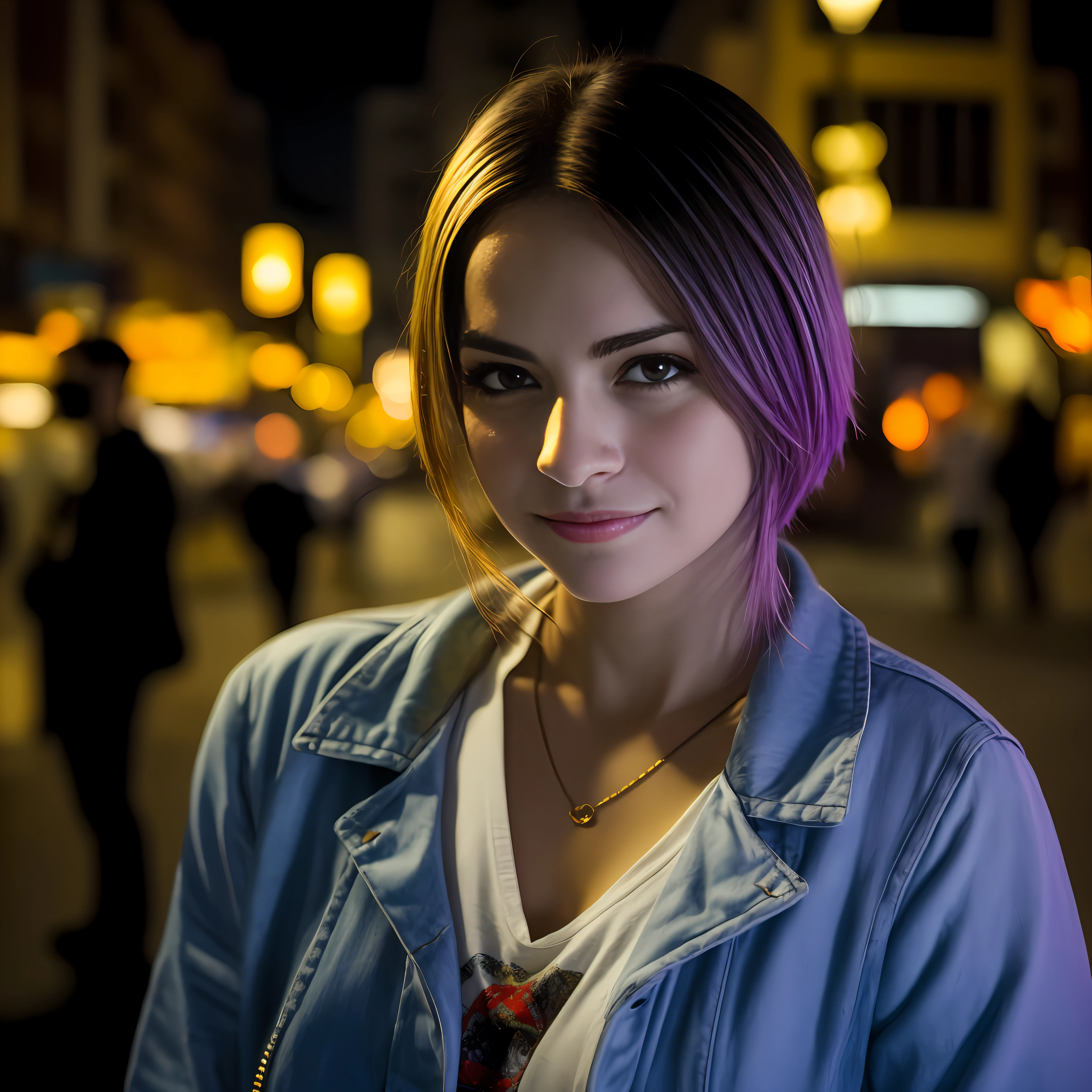 mulher arafed com cabelo roxo e uma jaqueta azul em uma rua da cidade, color photograph portrait 4k, photo taken with Sony a7R camera, retrato colorido, Retrato de 60mm, retrato suave luz baixa, 7 0 mm portrait, Retrato de 50mm, 50 mm lens photo portrait, Retrato mid-shot de uma bela