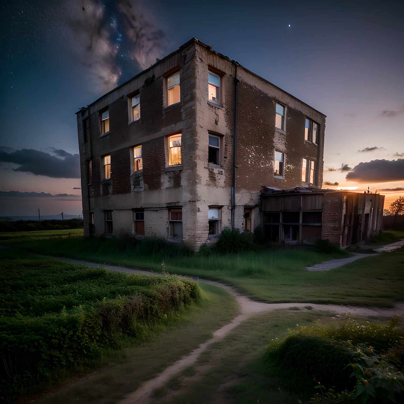 Create a high resolution hyper realistic image of a abandoned factory under a twilight sky. The factory should be surrounded by crumbled stone structures and overgrown vegetation . The sky should be a blend of pinks and purples with the first stars of the night beginning to twinkle . Use a drone like perspective to capture the desolation of the scene.       --style raw