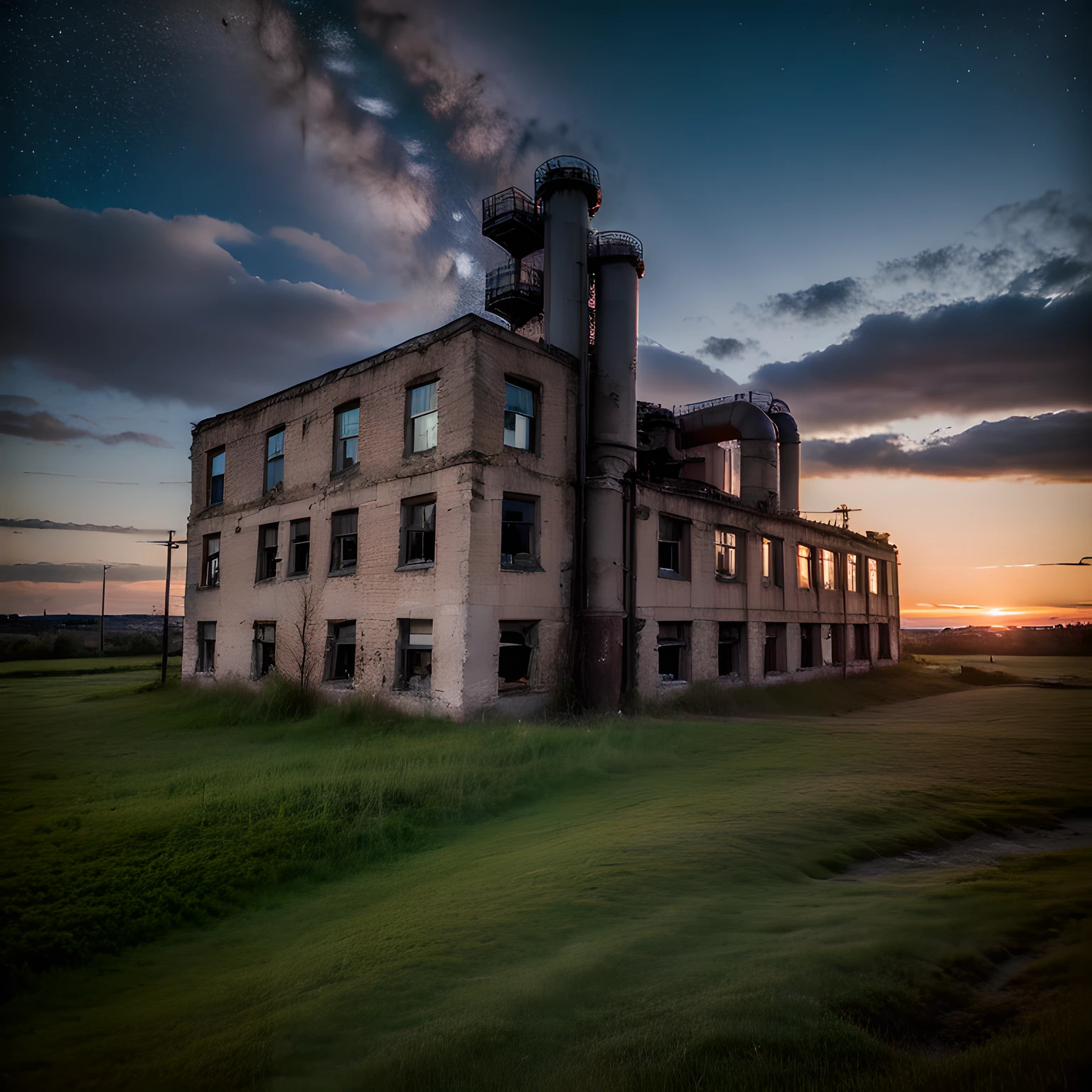 Create a high resolution hyper realistic image of a abandoned factory under a twilight sky. The factory should be surrounded by crumbled stone structures and overgrown vegetation . The sky should be a blend of pinks and purples with the first stars of the night beginning to twinkle . Use a drone like perspective to capture the desolation of the scene. --style raw