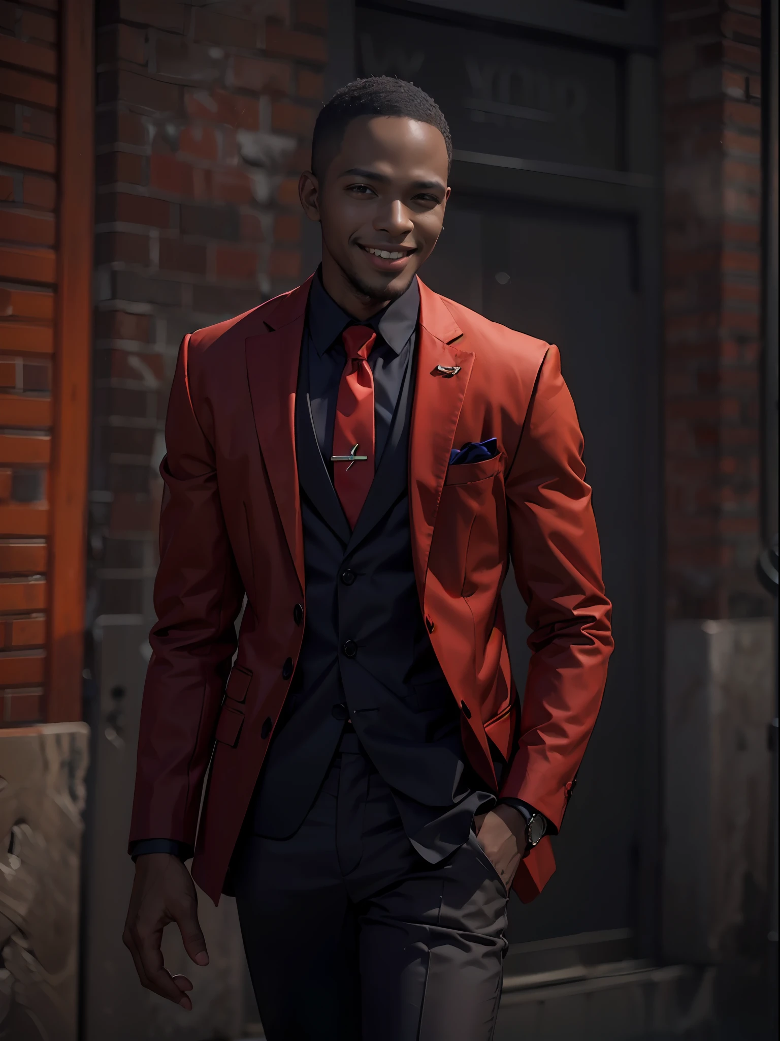 (Character: one Nigerian man, Diplomat, big smile, black hair)
(Clothing: red fine suit)
(dynamic pose)
(best quality, masterpiece),looking at viewer, upper body, blurry, dark alley)