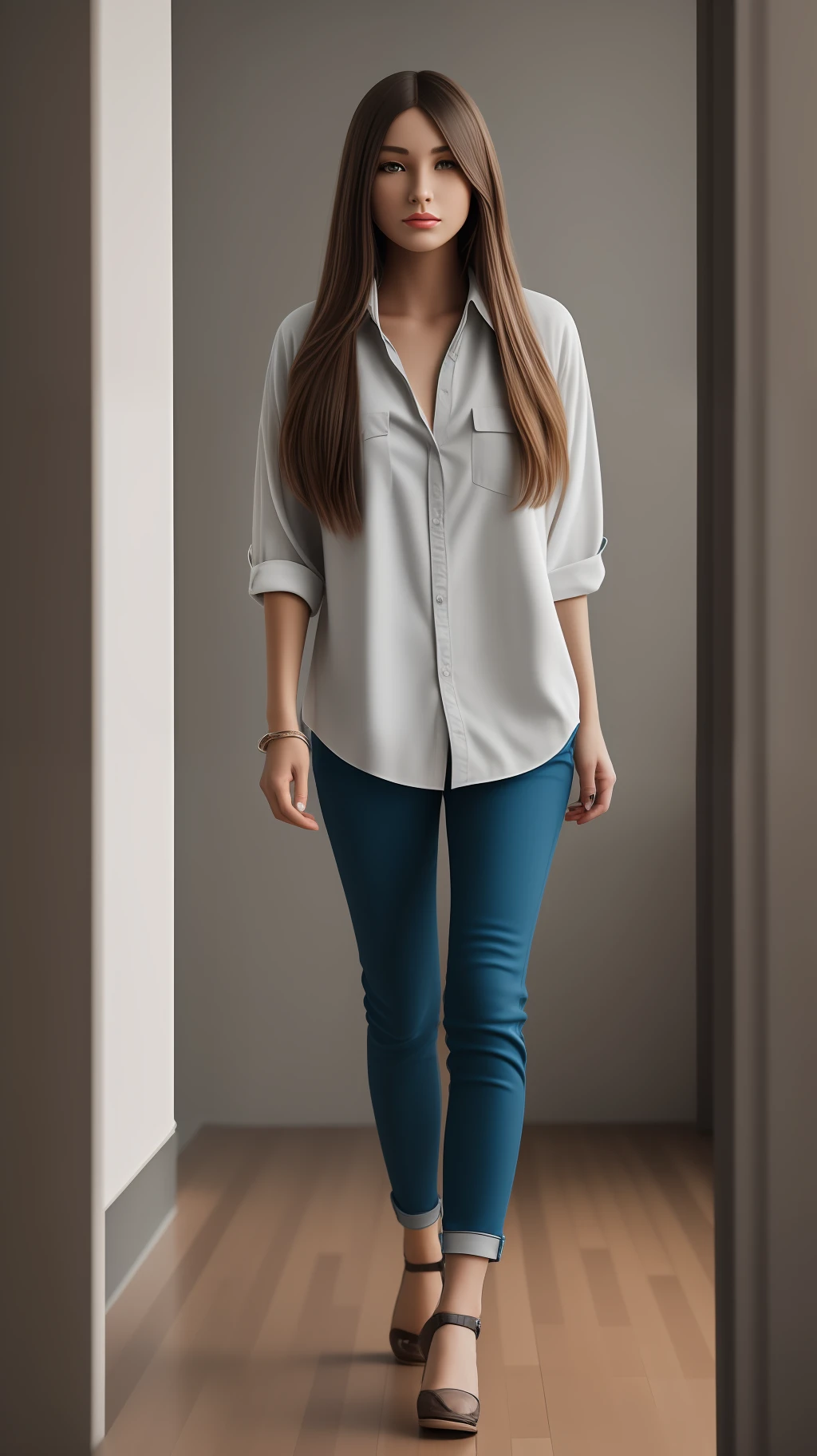 generates the image full body of a Caucasian woman. with gray clothes, modern clothes. clothing with extremely real details. her face is extremely real. like a photo. The woman has black, short, straight hair. She is 164 cm tall and weighs 250 kg. the photo is 8k quality + incredibly detailed, sharpness, details + professional lighting, photo lighting + 50mm, 80mm, 100m + lightroom gallery + behance photos + unsplash --ar 2:3 50 --v 5.2 --s 2