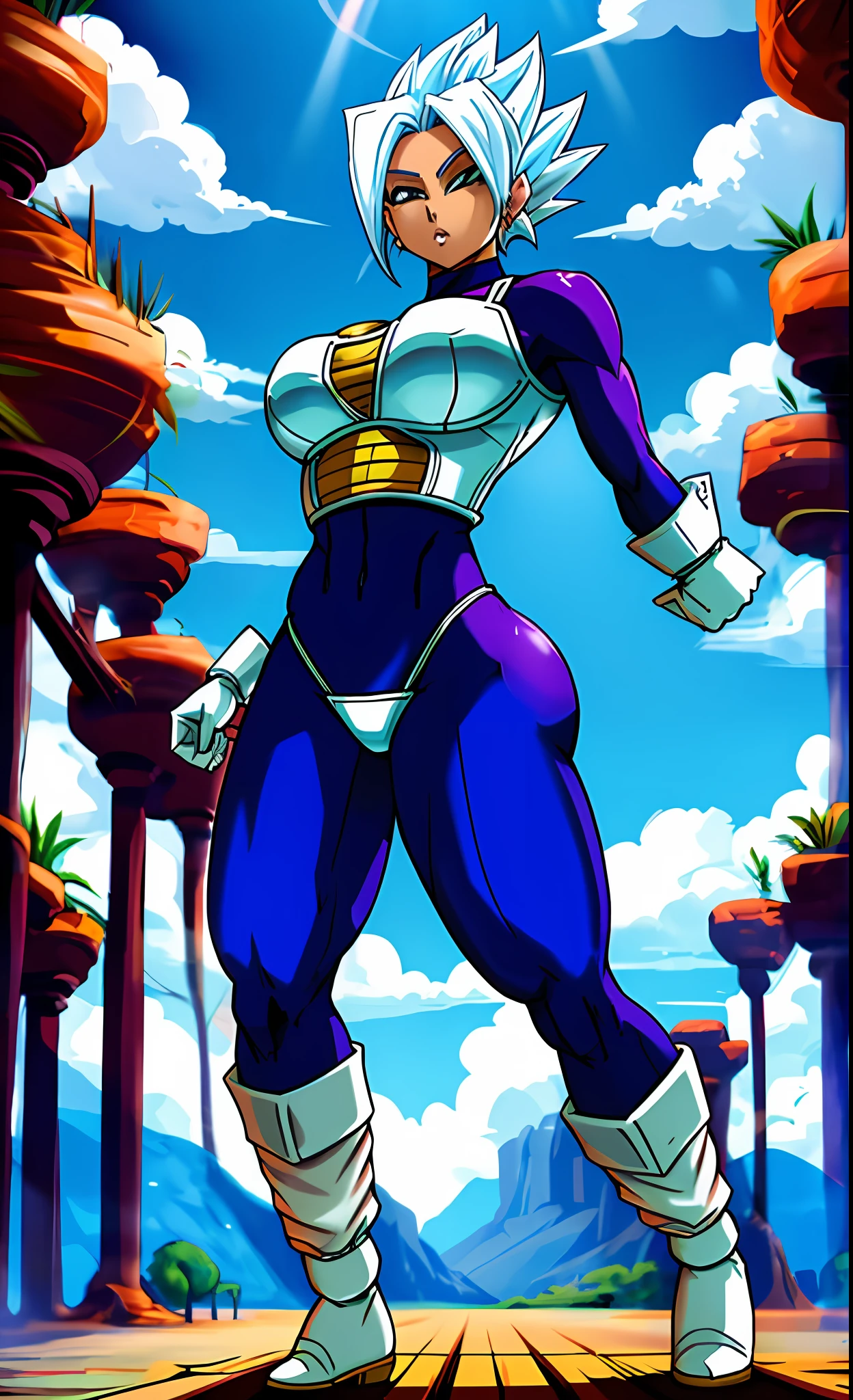 Woman with super saiyan athletic body, seios grandes, traje azul sexy.