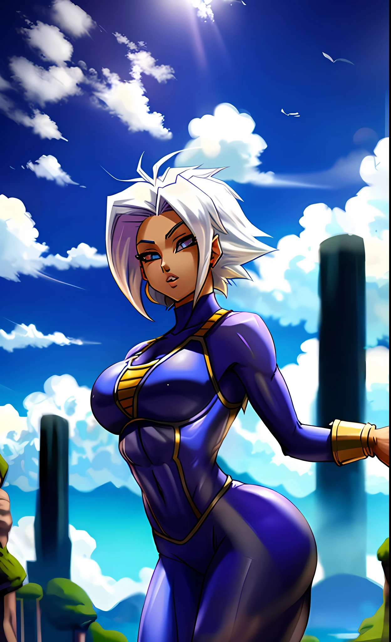 Woman with super saiyan athletic body, seios grandes, traje azul sexy.