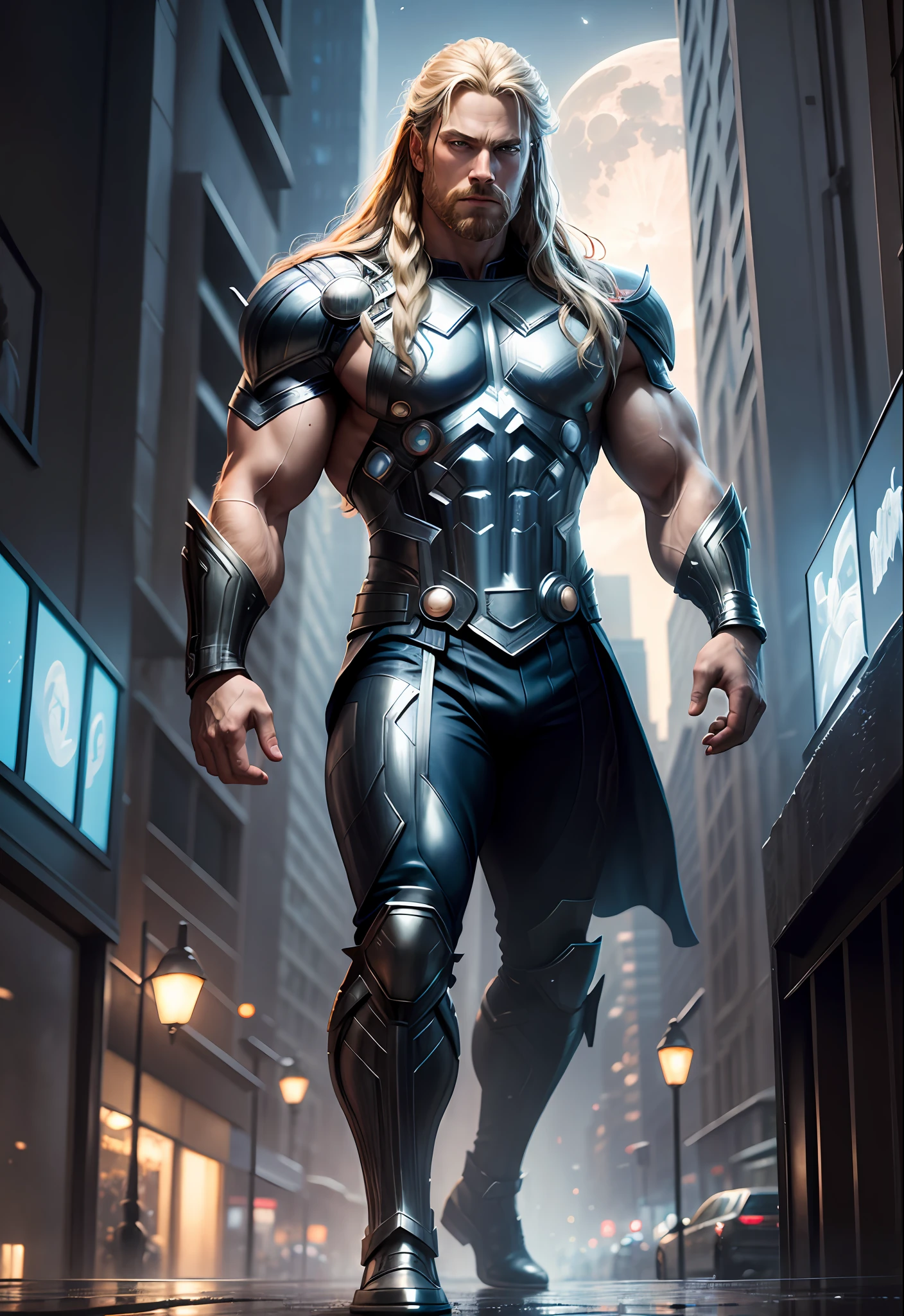 Hyperrealism detailed, Thor from Marvel Comics photography, The Mighty Thor Superheroes From Marvel Comics Thor, photo of beautiful artwork, moon light, future city street. High Detail, Sharp focus, dramatic, oil painting, realistic --auto