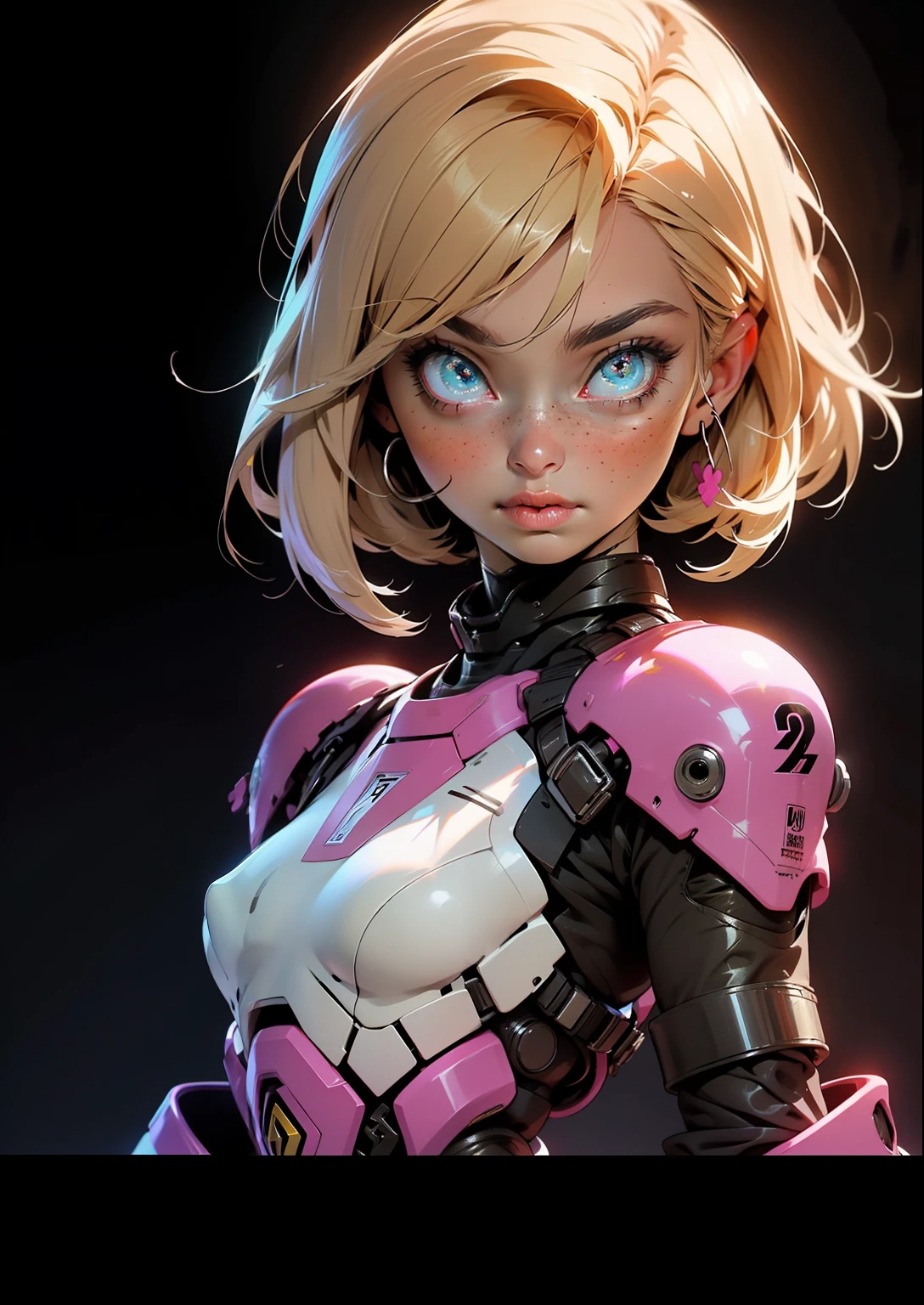 Octane Rendering,full view,8k --niji 5, (best quality, masterpiece, ultra-realistic), portrait of 1 beautiful girl, (head to toe full body image), 1girls, solo, (Bubblegum Crisis style body armor: 2.0), (Knight Saber body armor), female shape, robotic exoskeleton, sleek design, futuristic, late 90's anime style, smooth lines, powered exoskeleton, extremely stylized, deviant art, masterpiece, highly detailed, detailed eyes, expressive detailed eyes, detailed pupils, futuristic, blush, small breasts, lots of freckles, super textured detailed skin, entire body image, full body shot, Bubblegum Crash anime,