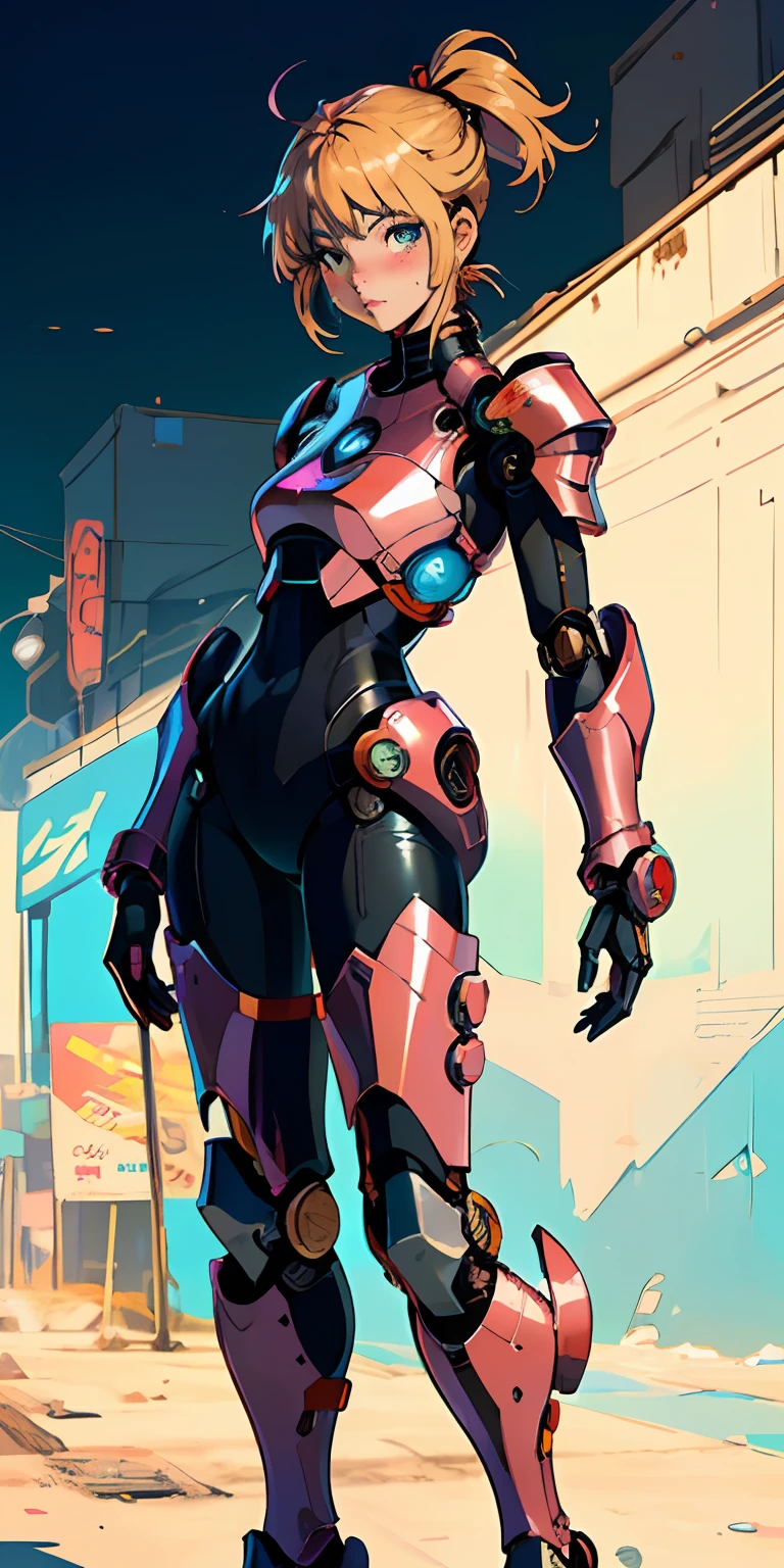 Octane Rendering,full view,8k --niji 5, (best quality, masterpiece, ultra-realistic), portrait of 1 beautiful girl, (head to toe full body image), 1girls, solo, (Bubblegum Crisis style body armor: 2.0), (Knight Saber body armor), female shape, robotic exoskeleton, sleek design, futuristic, late 90's anime style, smooth lines, powered exoskeleton, extremely stylized, deviant art, masterpiece, highly detailed, detailed eyes, expressive detailed eyes, detailed pupils, futuristic, blush, small breasts, lots of freckles, super textured detailed skin, entire body image, full body shot, Bubblegum Crash anime,