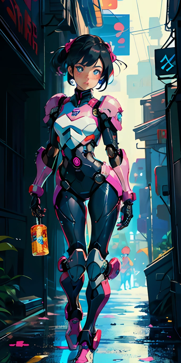 Octane Rendering,full view,8k --niji 5, (best quality, masterpiece, ultra-realistic), portrait of 1 beautiful girl, (head to toe full body image), 1girls, solo, (Bubblegum Crisis style body armor: 2.0), (Knight Saber body armor), female shape, robotic exoskeleton, sleek design, futuristic, late 90's anime style, smooth lines, powered exoskeleton, extremely stylized, deviant art, masterpiece, highly detailed, detailed eyes, expressive detailed eyes, detailed pupils, futuristic, blush, small breasts, lots of freckles, super textured detailed skin, entire body image, full body shot, Bubblegum Crash anime,