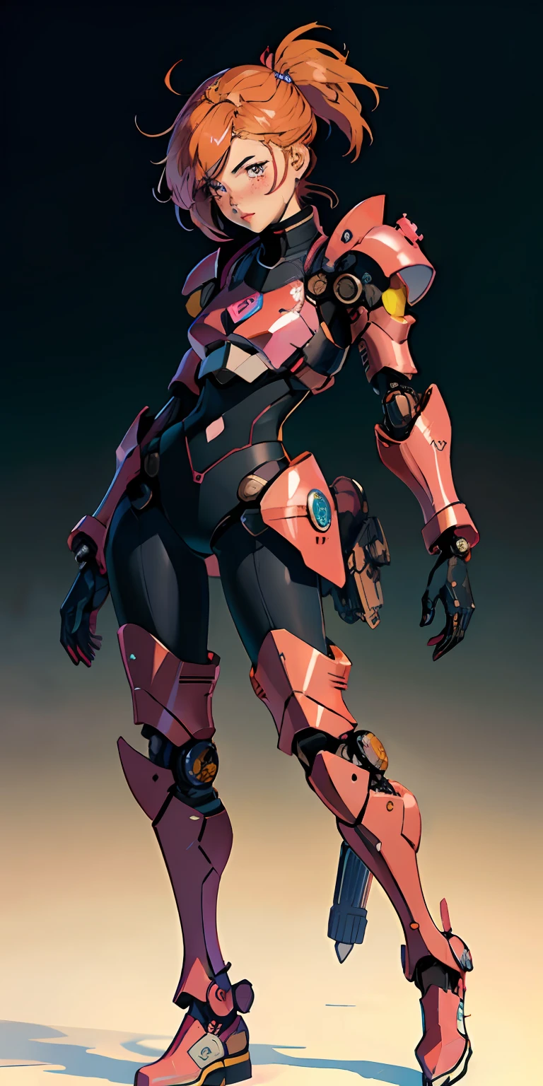 Octane Rendering,full view,8k --niji 5, (best quality, masterpiece, ultra-realistic), portrait of 1 beautiful girl, (head to toe full body image), 1girls, solo, (Bubblegum Crisis style body armor: 2.0), (Knight Saber body armor), female shape, robotic exoskeleton, sleek design, futuristic, late 90's anime style, smooth lines, powered exoskeleton, extremely stylized, deviant art, masterpiece, highly detailed, detailed eyes, expressive detailed eyes, detailed pupils, futuristic, blush, small breasts, lots of freckles, super textured detailed skin, entire body image, full body shot, Bubblegum Crash anime,