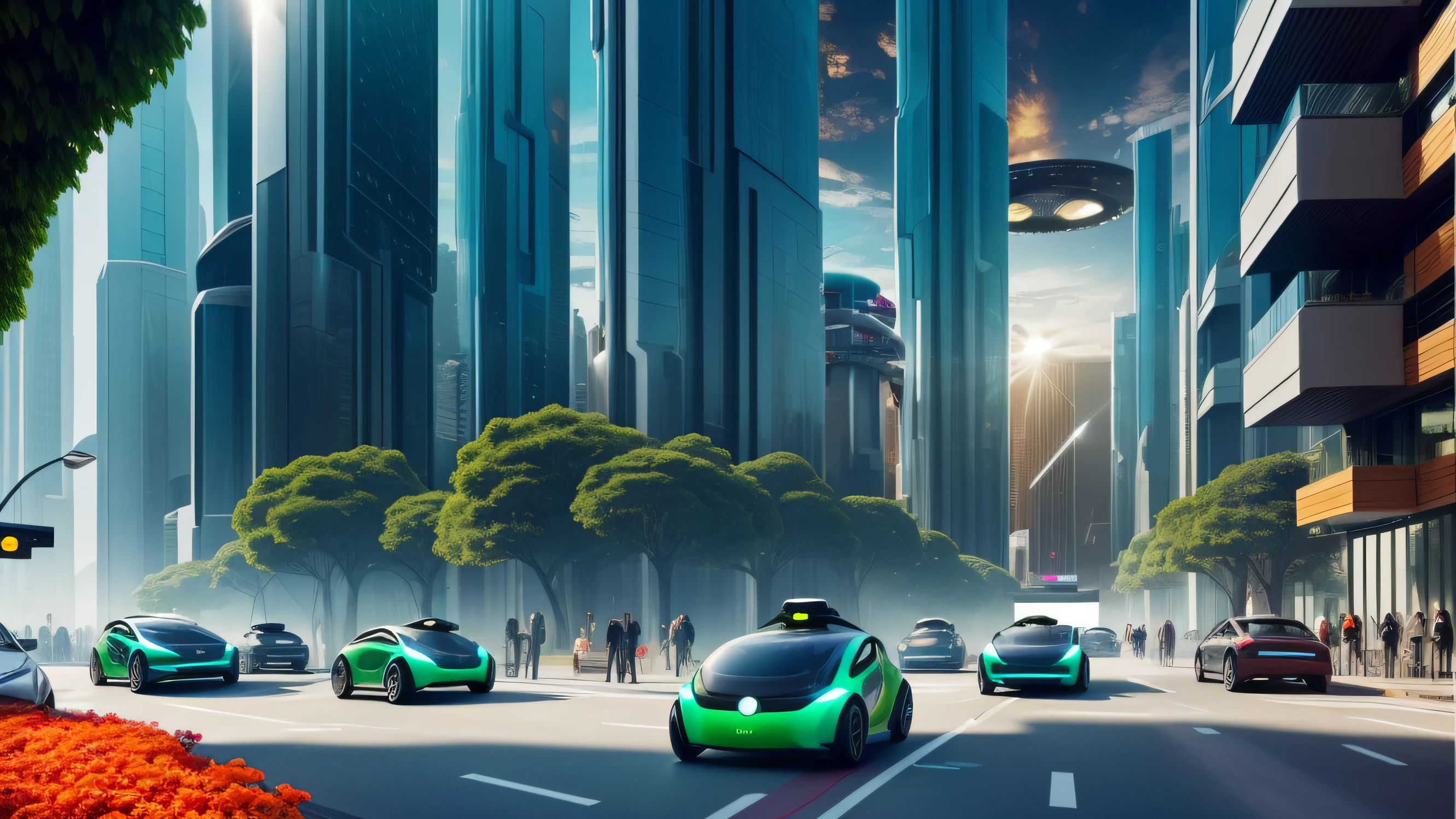 Imagine a futuristic scenario of a smart and sustainable city. The streets are filled with self-driving electric cars that move smoothly amid tall, modern skyscrapers. The buildings have glazed facades that reflect light, dando um toque futurista ao horizonte. Vertical gardens adorn the buildings, bringing a harmonious balance between nature and technology.