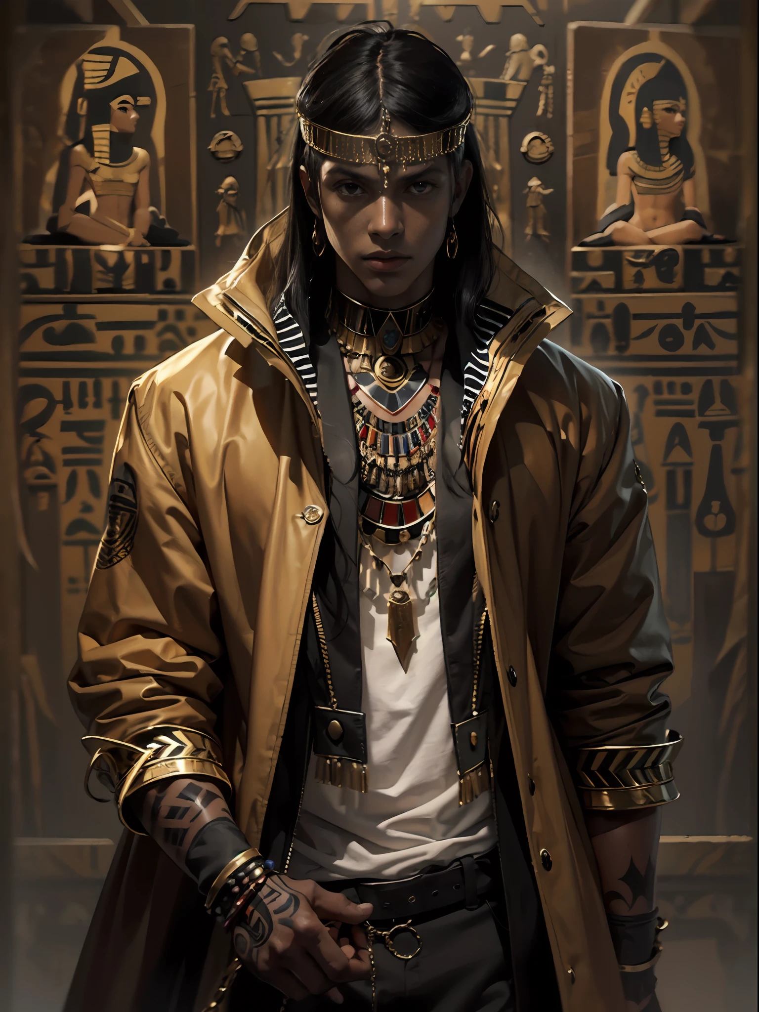 (Character: one man, occultist, traits:1.5, black skin:1.4, black medium straight hair)
(Clothing: brown coat, egyptian amulets, egyptian tattoos)
(dynamic pose)
(best quality, masterpiece),looking at viewer, upper body, blurry, dark alley)