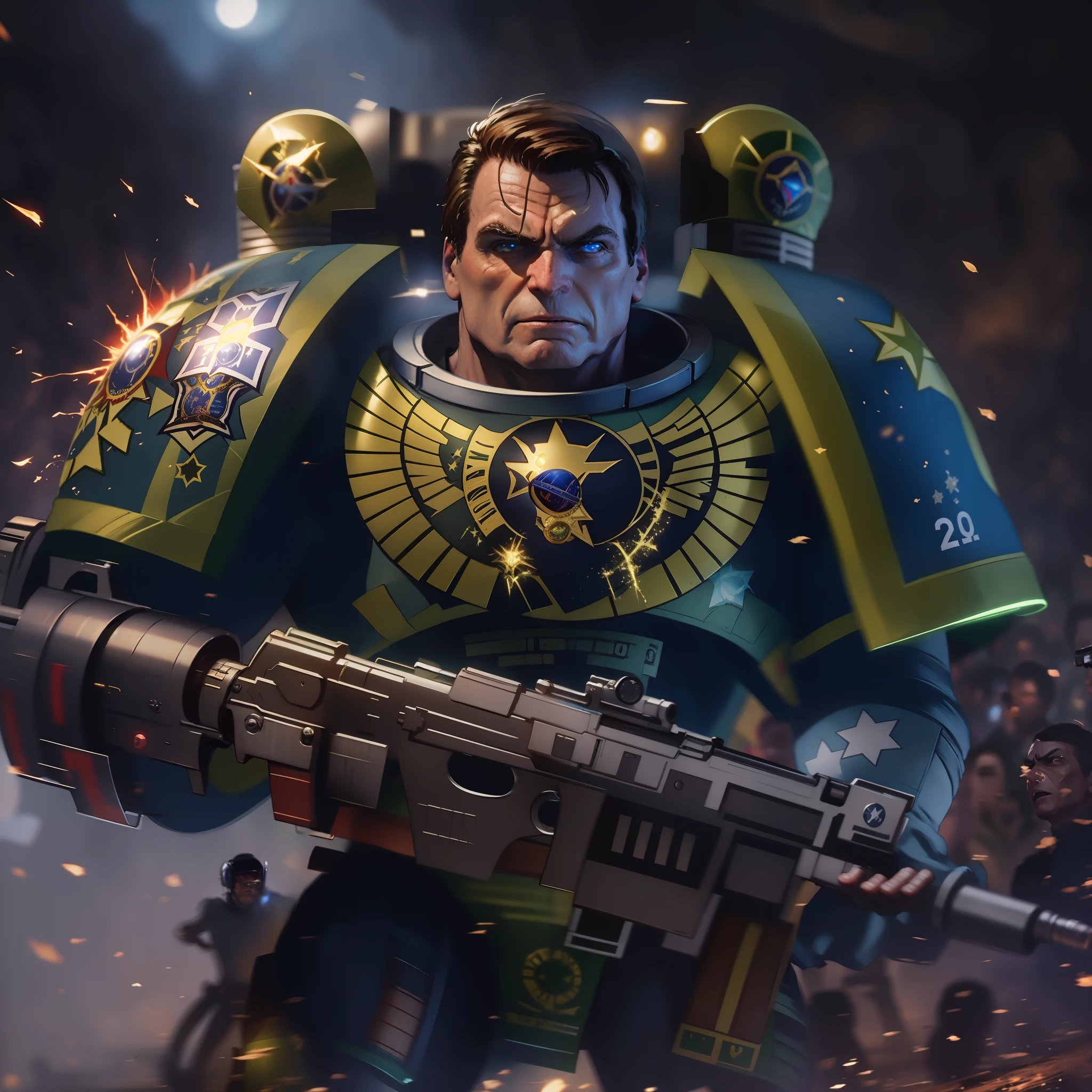 Space marine em um mundo warhammer 40k, jair bolsonaro, kinematic lighting, dramatic light, UHD, ultra detalhada, pele detalhada,