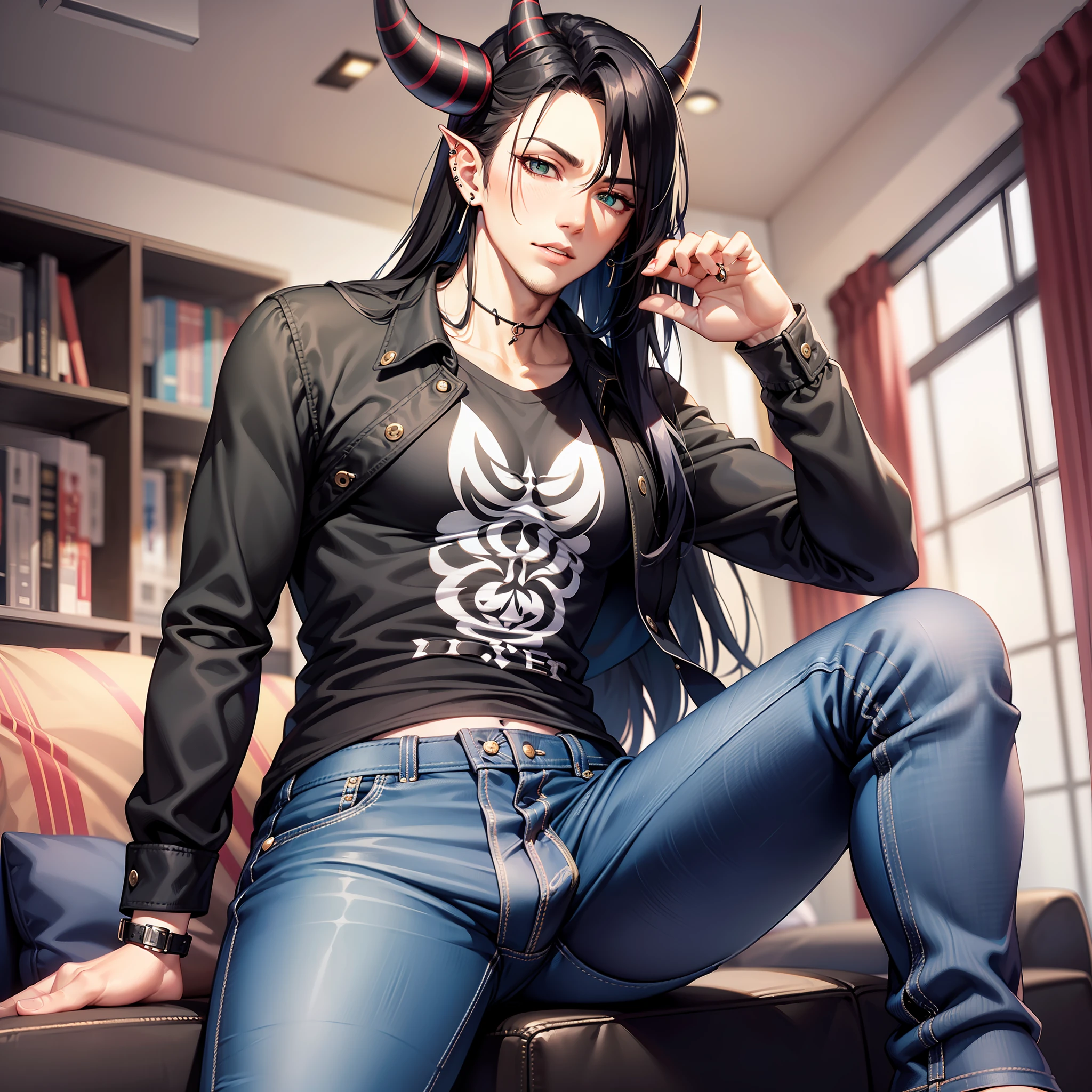 Handsome male, silly black hair, long hair, emerald eyes, detailed body, detailed hands, black shirt, black denim jeans, sitting on couch, nightfall, huge bulge in pants, horns, piercings, long sleeve shirt