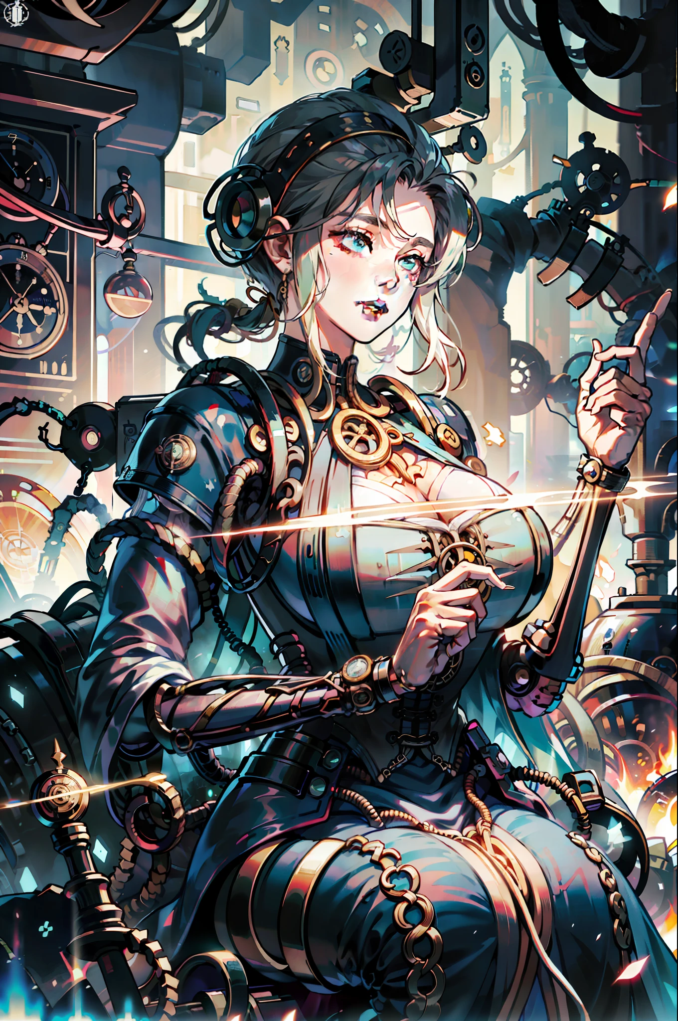 (absurdres, highres, ultra detailed), (a cyberpunk gunsmith in her workshop), huge breasts, strong, a little dirty, solo, mature, cinematic light,(machine made joints:1.2),((machanical limbs)),(vessels connected to tubes),(mechanical vertebra attaching to back),((mechanical cervial attaching to neck)),(sitting),expressionless,(wires and cables attaching to neck:1.2),(wires and cables on head:1.2)(character focus),science fiction