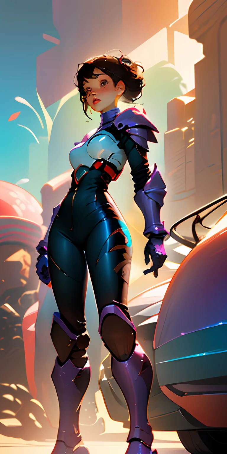 Octane Rendering,full view,8k --niji 5, (best quality, masterpiece, ultra-realistic), portrait of 1 beautiful girl, (head to toe full body image), 1girls, solo, (Bubblegum Crisis style body armor: 2.0), (Knight Saber body armor), female shape, robotic exoskeleton, sleek design, futuristic, late 90's anime style, smooth lines, powered exoskeleton, extremely stylized, deviant art, masterpiece, highly detailed, detailed eyes, expressive detailed eyes, detailed pupils, futuristic, blush, small breasts, lots of freckles, super textured detailed skin, entire body image, full body shot, Bubblegum Crash anime,