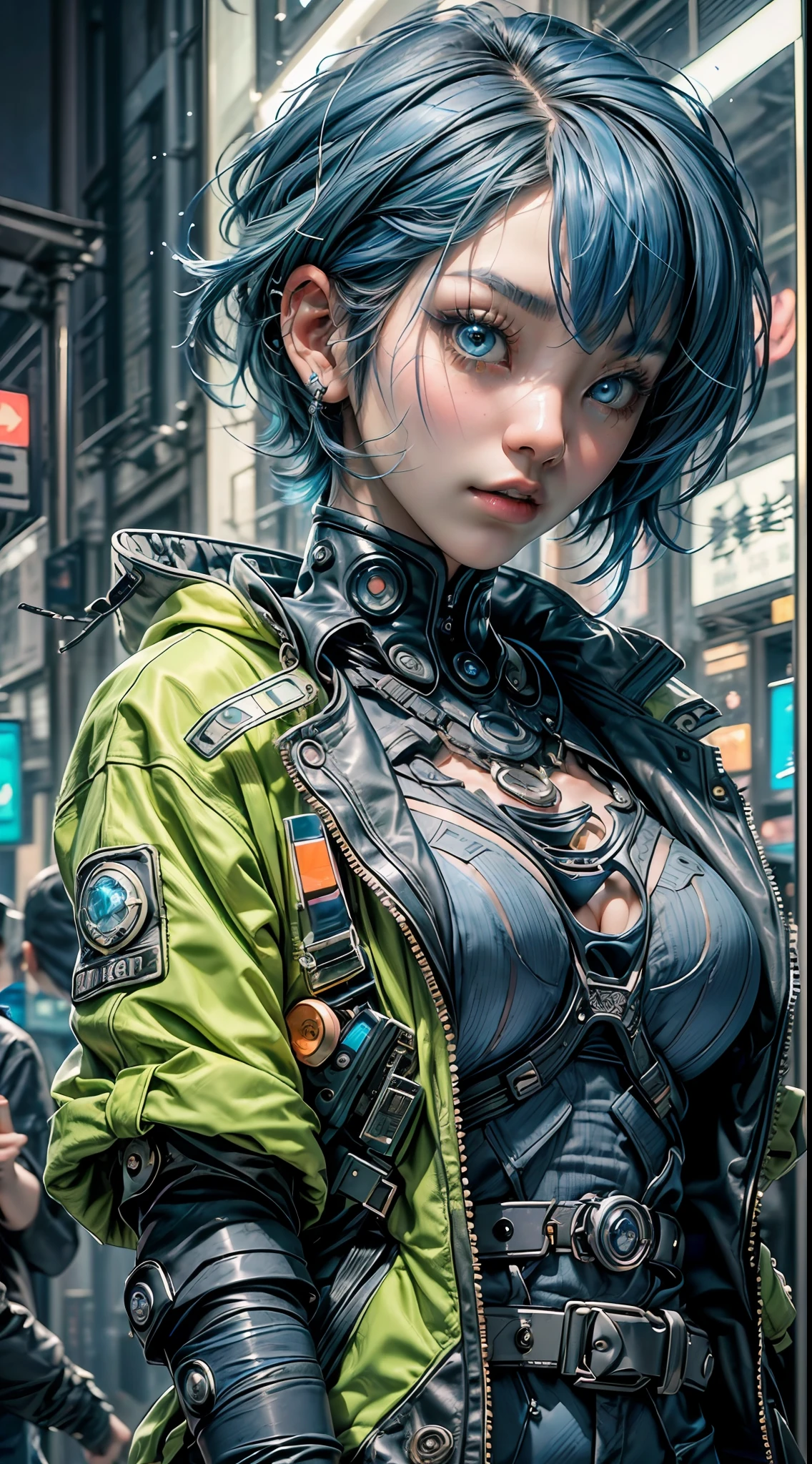 ((top-quality))、((​masterpiece))、((realisitic))Ultra detailed photo of one nerdy Asian girl with goth and neon colors。She((Blue hair、short-cut))、holds the smartphone in her hand、Wearing a techwear jacket、It exudes an atmosphere((Beautifully Aesthetic))、Beautiful eyes、Beautiful large breast、A sexy、Hot