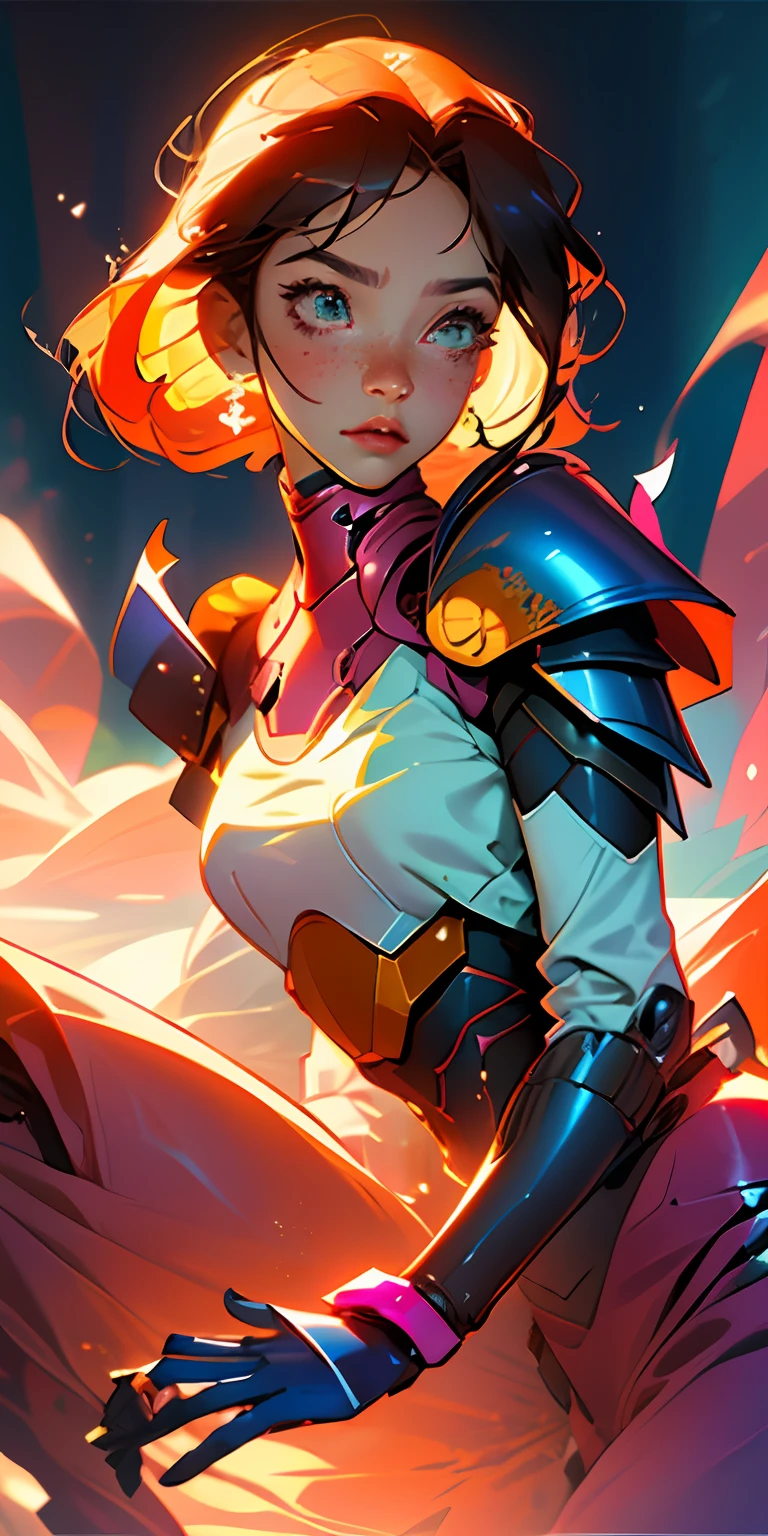 Octane Rendering,full view,8k --niji 5, (best quality, masterpiece, ultra-realistic), portrait of 1 beautiful girl, (head to toe full body image), 1girls, solo, (Bubblegum Crisis style body armor: 2.0), (Knight Saber body armor), female shape, robotic exoskeleton, sleek design, futuristic, late 90's anime style, smooth lines, powered exoskeleton, extremely stylized, deviant art, masterpiece, highly detailed, detailed eyes, expressive detailed eyes, detailed pupils, futuristic, blush, small breasts, lots of freckles, super textured detailed skin, entire body image, full body shot, Bubblegum Crash anime,