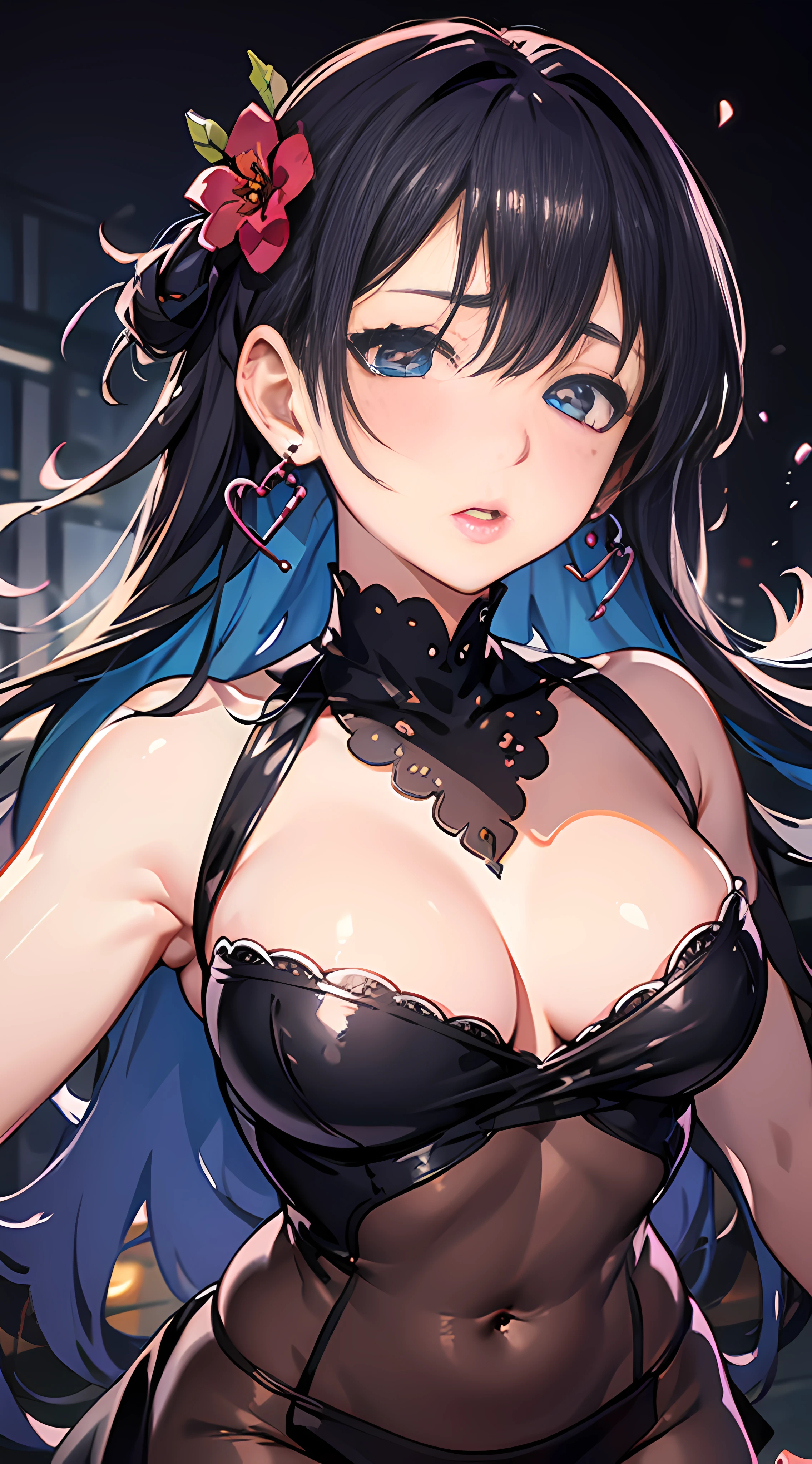 A 618 poster background image for a carpentry drill hardware store, Features a black color scheme and tough girl style, Medium Hair, ultradetailed eyes、Clear eyes、Princess Eyes、Draw precise pupils, Shiny hair, Floating hair, Bangs, shairband, Hair Flower, Whistle around the neck, Mole under the eyes, Heart-shaped pupil, dilated pupils, Half-closed eyes, earrings, Heart Earrings, blush, Shy, Parted lips, lickling lips, full blush, Heavy breathing, Ahegao, Verism, Hyper-Realism, surrealism, depth of fields, foreshortening, nffsw, retinas, masutepiece, ccurate, Anatomically correct, Textured skin, Super Detail, high details, High quality, awardwinning, Best Quality, hight resolution, 1080p, hard disk, 4K, in 8K, 16K, HQ, Boob emphasis、Lens aperture:F4, 500 mm, canon, blouse, a miniskirt,