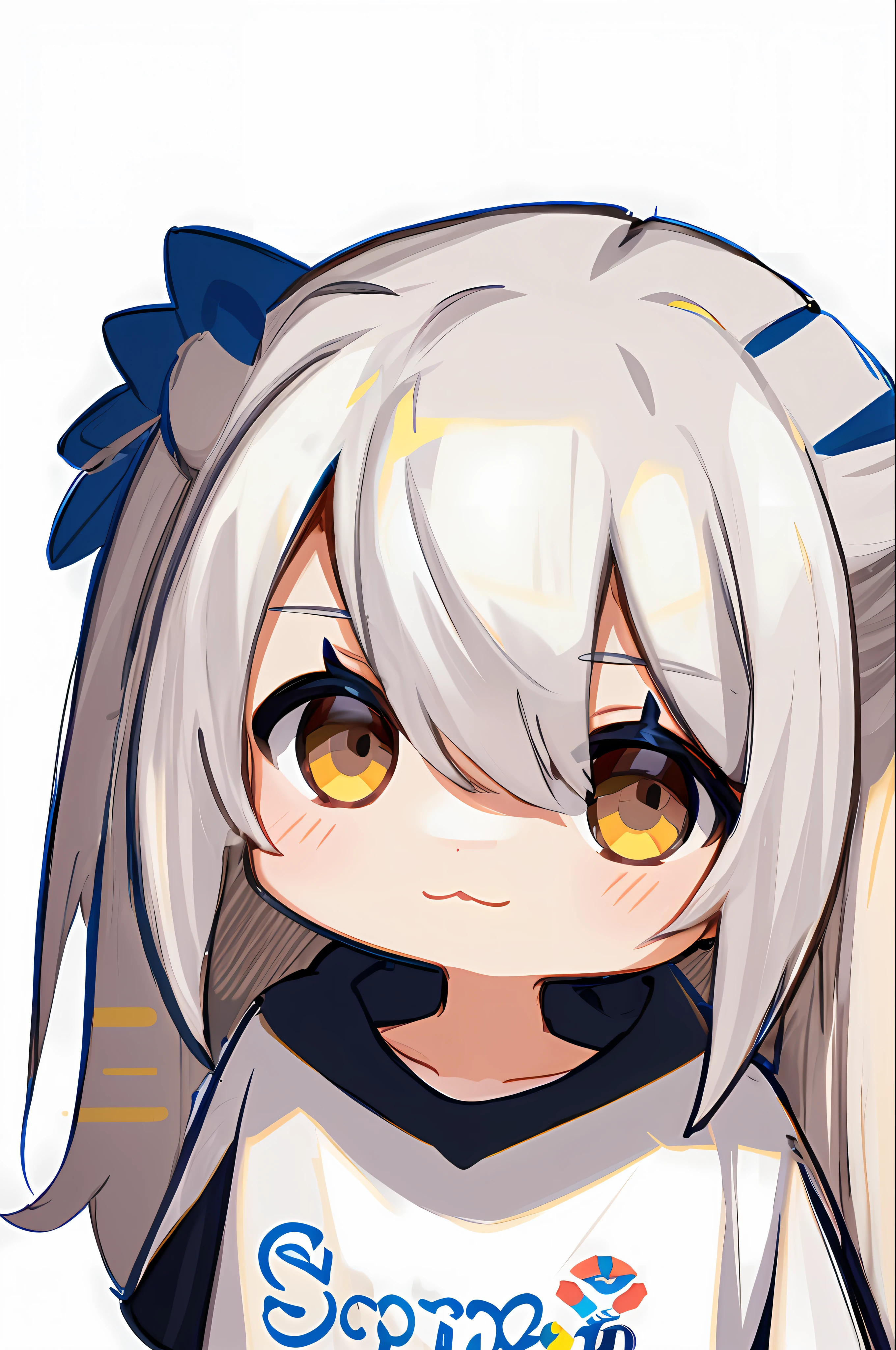 absurdres, 1girl, brown eyes, twintails, long hair, white hair, wide-eyed, eyelashes, looking at viewer, twitchemote, upper body, white background, t-shirt, chibi, emote, facing viewer, (:3:1.0), blush