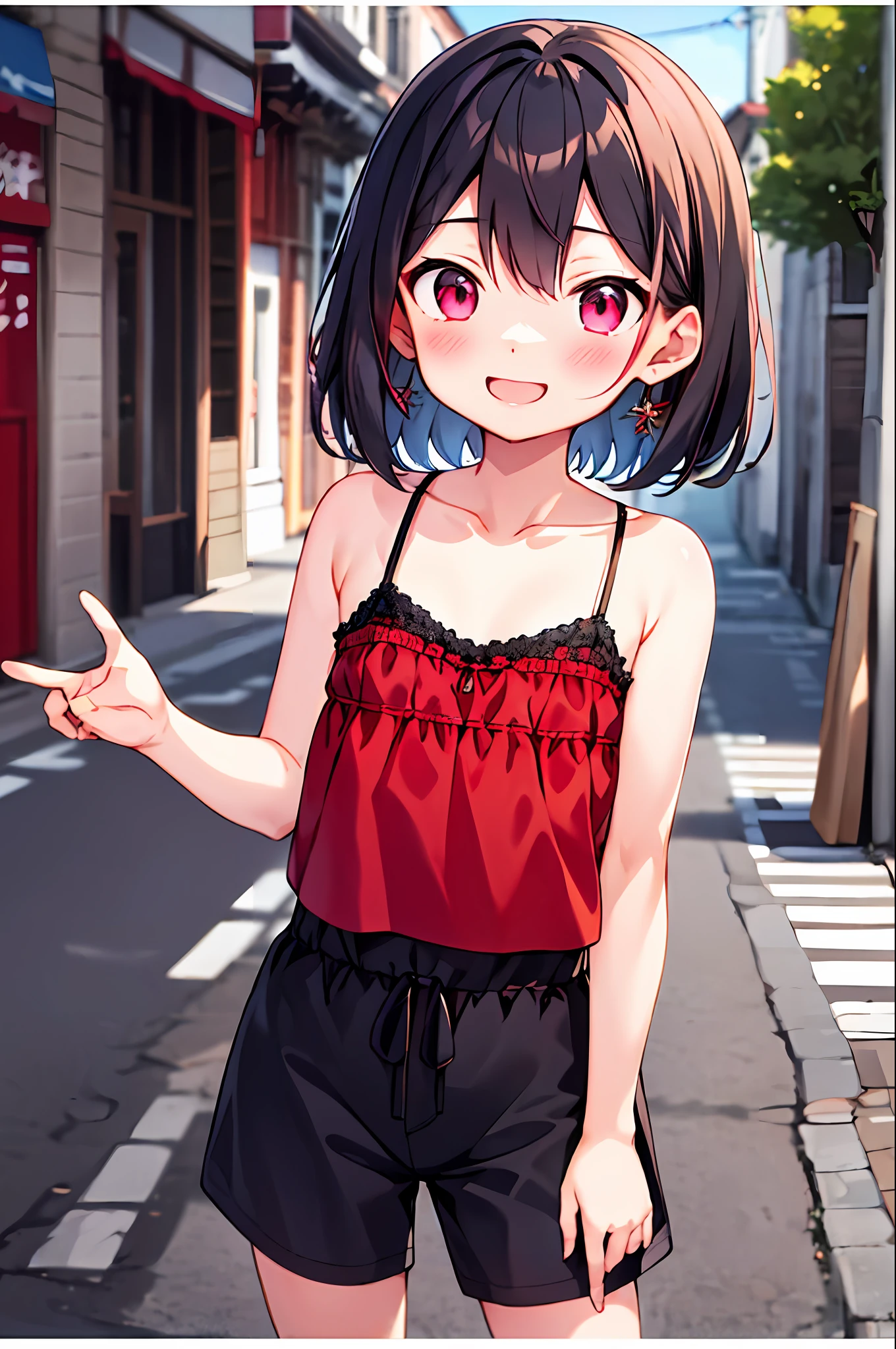 女の子1人、独奏、A dark-haired、short-hair、Light red eyes、a smile、Small breasts、camisole、street wear、​masterpiece、top-quality、The upper part of the body、shores、cute  face