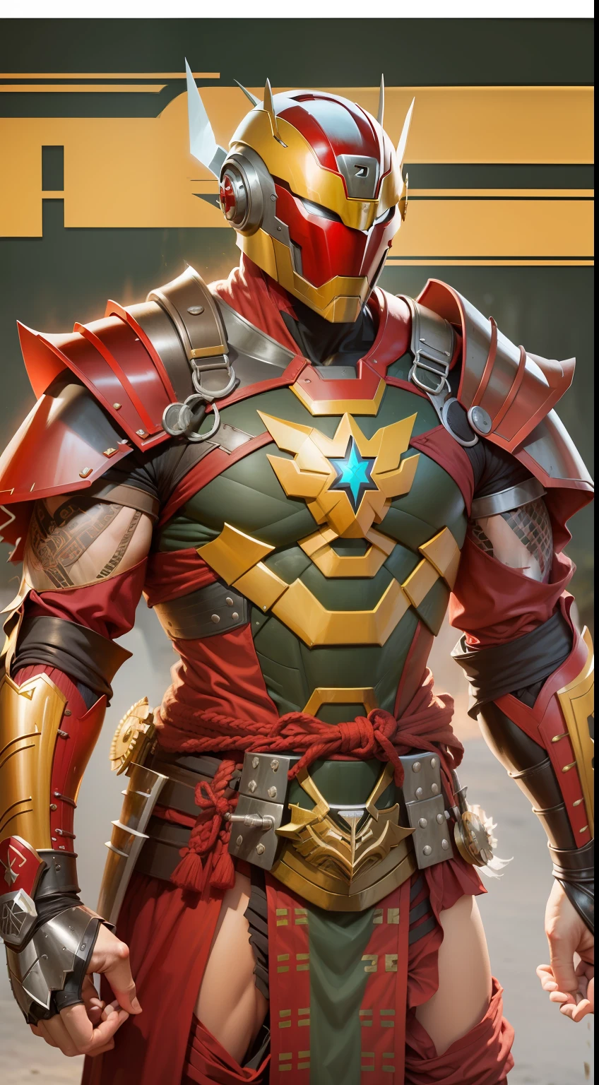 Homem de Ferro (vingadores) com armadura samurai amarela e vermelha, com reator arc no paeiro,  espada de energia.
