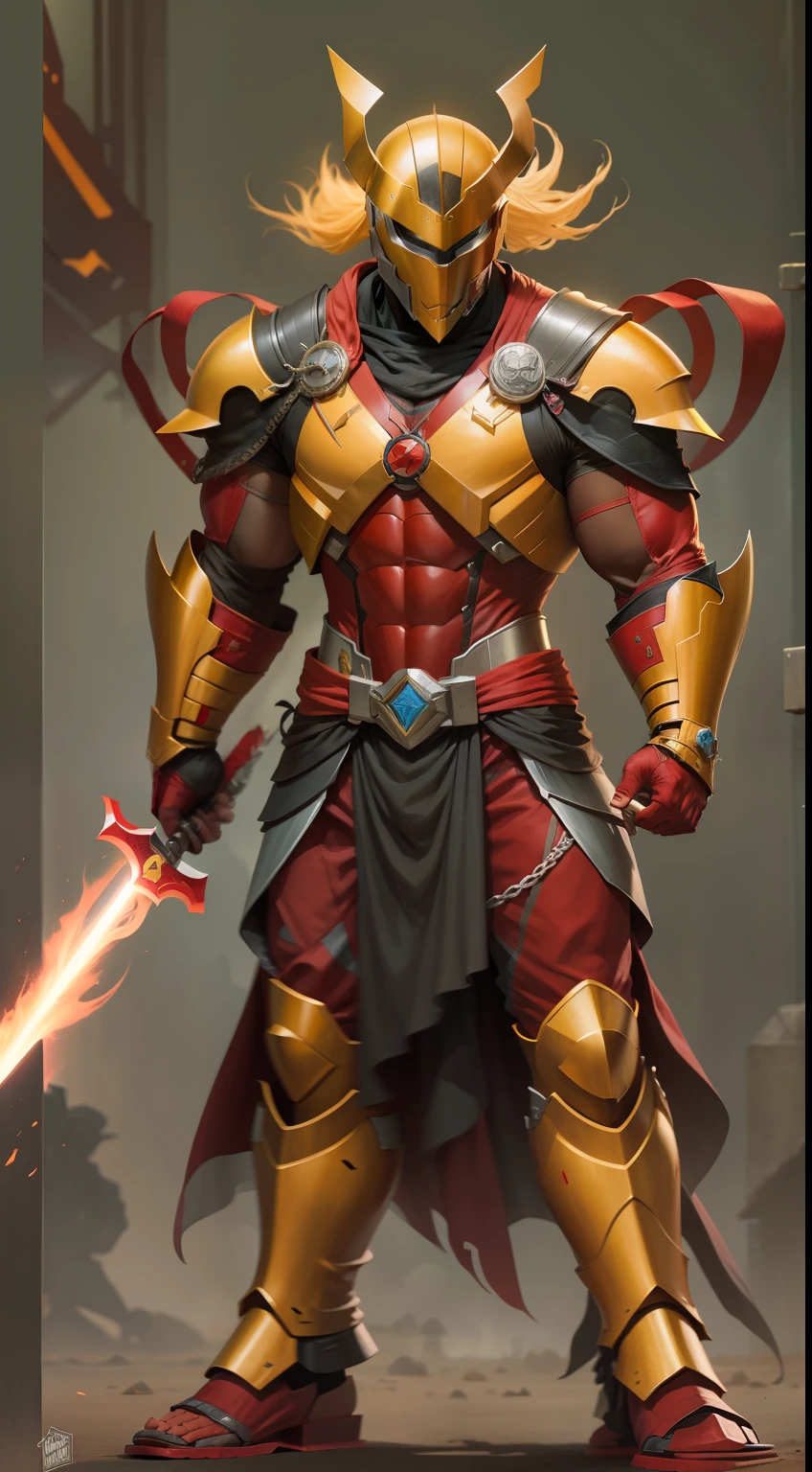Homem de Ferro (vingadores) com armadura samurai amarela e vermelha, com reator arc no paeiro, espada de energia.