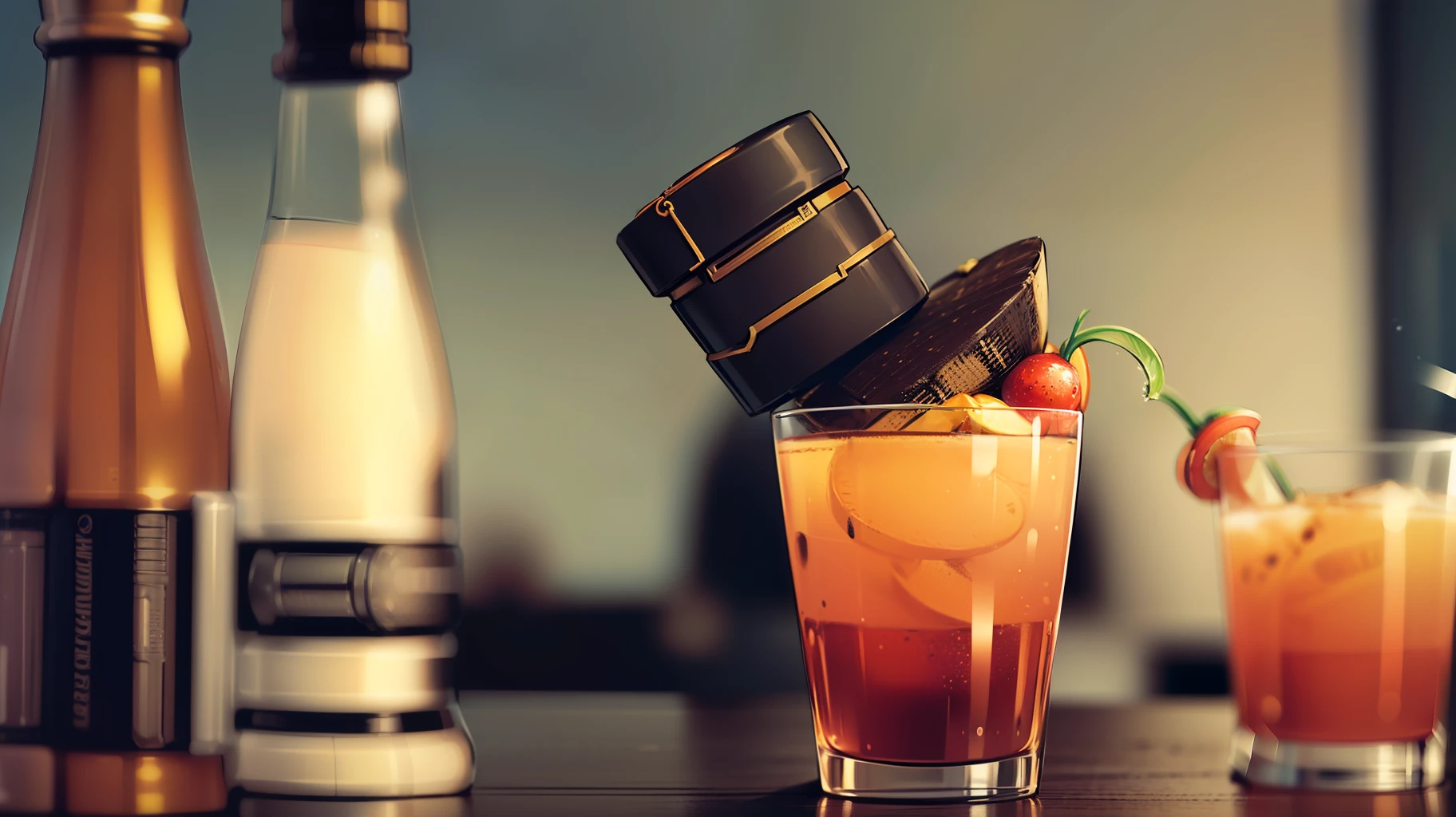 (((Obra maestra, Professional DSLR accurate photography of amazing exotic smoked cocktail in a luxury bar))), Lots of liquor bottles decorating the background, Herramientas de barman, ((Campo de profundidad, Autofocus, Lujo Steampunk, industrial, ambiente, Low neon lights, Black neon,)) exotic fruits, Sinoropes, Todas las cosas que un barman necesita para trabajar , (((afilado,  food photography, cartera, Tendencia 500px, Foto de archivo, Foto del producto, realista))), Renderizado de octanaje, (((4k, Mejor calidad, Foto promocional, Cagalogue Photo, Luces bajas, Luxury classic European bar,)))((mixología,  Kinematic, Accurate professional photography, Marketing Photography))(((( solo la bebida, sin manos))), (((sin personas))), sin humanos)))), ((Bebida ahumada pesada)) --auto
