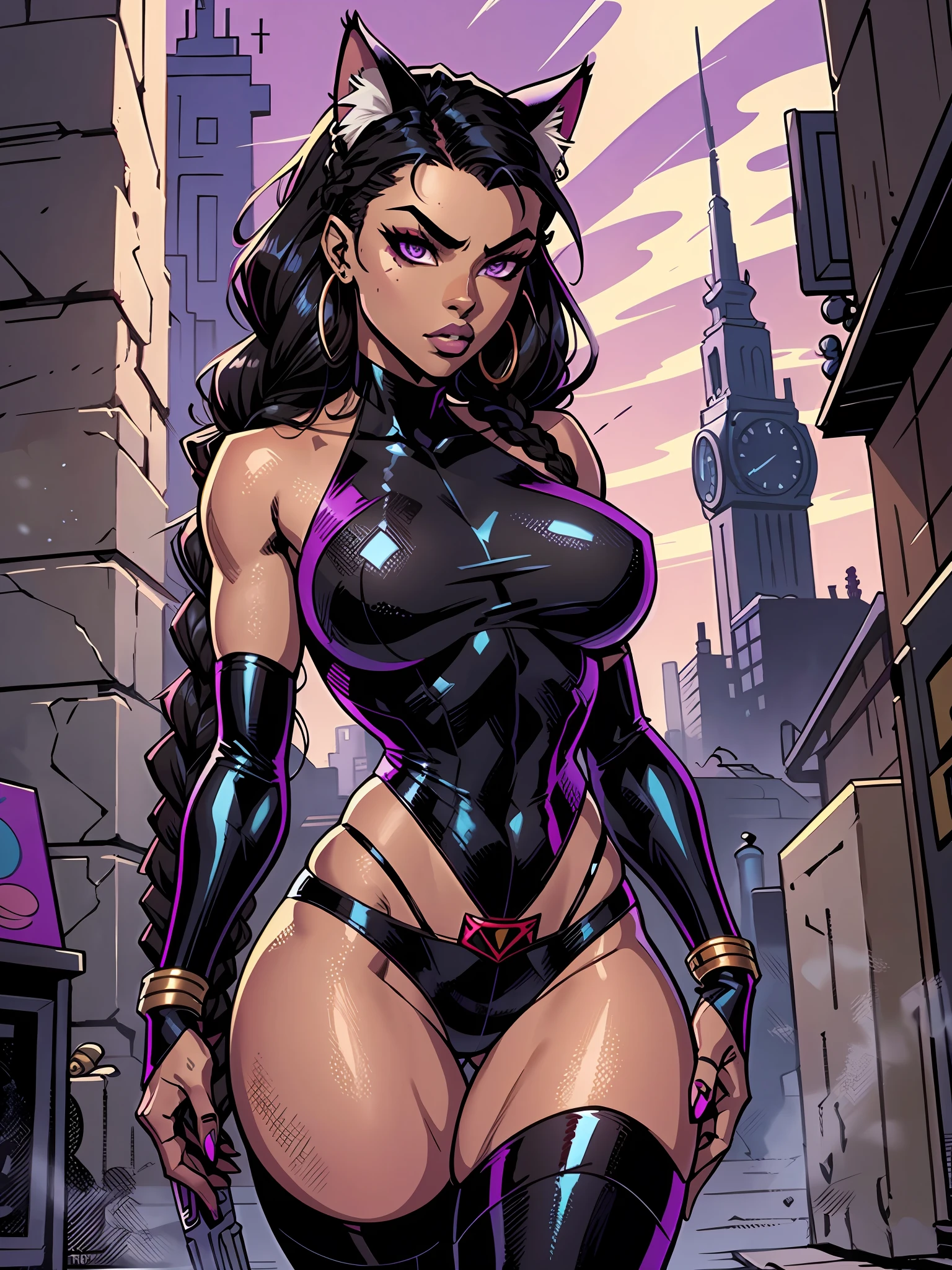 Masterpiece, Excellent, 1girl, solo, complex details, color diffusion, comic book, anime, marvel, DC, catgirl, dark skin, ebony, brown skin, dark-skinned female, thighs, cat ears, dark hair, black hair, braids, dreadlocks, braided hair, purple eyes, skimpy attire, epic attire, assassin, badass, deadly but sexy, trending, demon, goddess, Super Villain