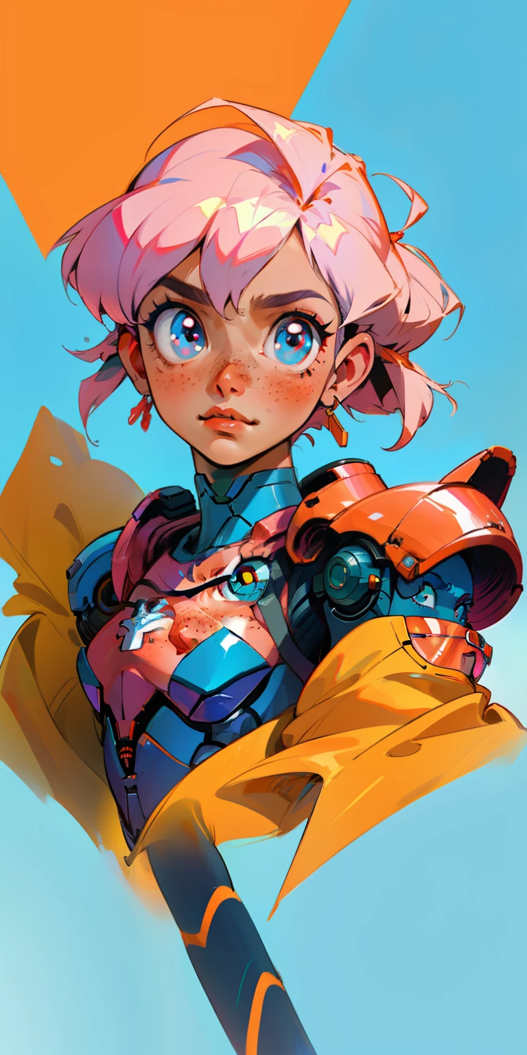 Octane Rendering,full view,8k --niji 5, (best quality, masterpiece, ultra-realistic), portrait of 1 beautiful girl, (head to toe full body image), 1girls, solo, (Bubblegum Crisis style body armor: 2.0), (Knight Saber body armor), female shape, robotic exoskeleton, sleek design, futuristic, late 90's anime style, smooth lines, powered exoskeleton, extremely stylized, deviant art, masterpiece, highly detailed, detailed eyes, expressive detailed eyes, detailed pupils, futuristic, blush, small breasts, lots of freckles, super textured detailed skin, entire body image, full body shot, Bubblegum Crash anime,