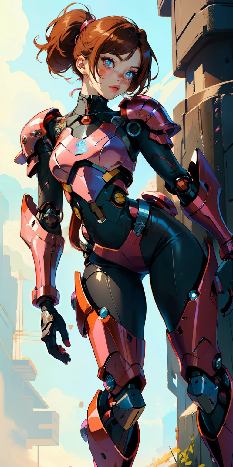 Octane Rendering,full view,8k --niji 5, (best quality, masterpiece, ultra-realistic), portrait of 1 beautiful girl, (head to toe full body image), 1girls, solo, (Bubblegum Crisis style body armor: 2.0), (Knight Saber body armor), female shape, robotic exoskeleton, sleek design, futuristic, late 90's anime style, smooth lines, powered exoskeleton, extremely stylized, deviant art, masterpiece, highly detailed, detailed eyes, expressive detailed eyes, detailed pupils, futuristic, blush, small breasts, lots of freckles, super textured detailed skin, entire body image, full body shot, Bubblegum Crash anime,