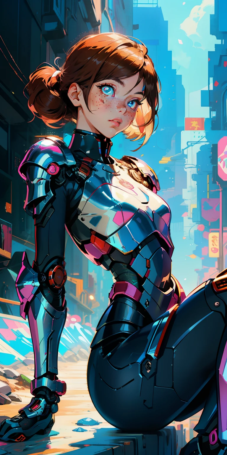 Octane Rendering,full view,8k --niji 5, (best quality, masterpiece, ultra-realistic), portrait of 1 beautiful girl, (head to toe full body image), 1girls, solo, (Bubblegum Crisis style body armor: 2.0), (Knight Saber body armor), female shape, robotic exoskeleton, sleek design, futuristic, late 90's anime style, smooth lines, powered exoskeleton, extremely stylized, deviant art, masterpiece, highly detailed, detailed eyes, expressive detailed eyes, detailed pupils, futuristic, blush, small breasts, lots of freckles, super textured detailed skin, entire body image, full body shot, Bubblegum Crash anime,