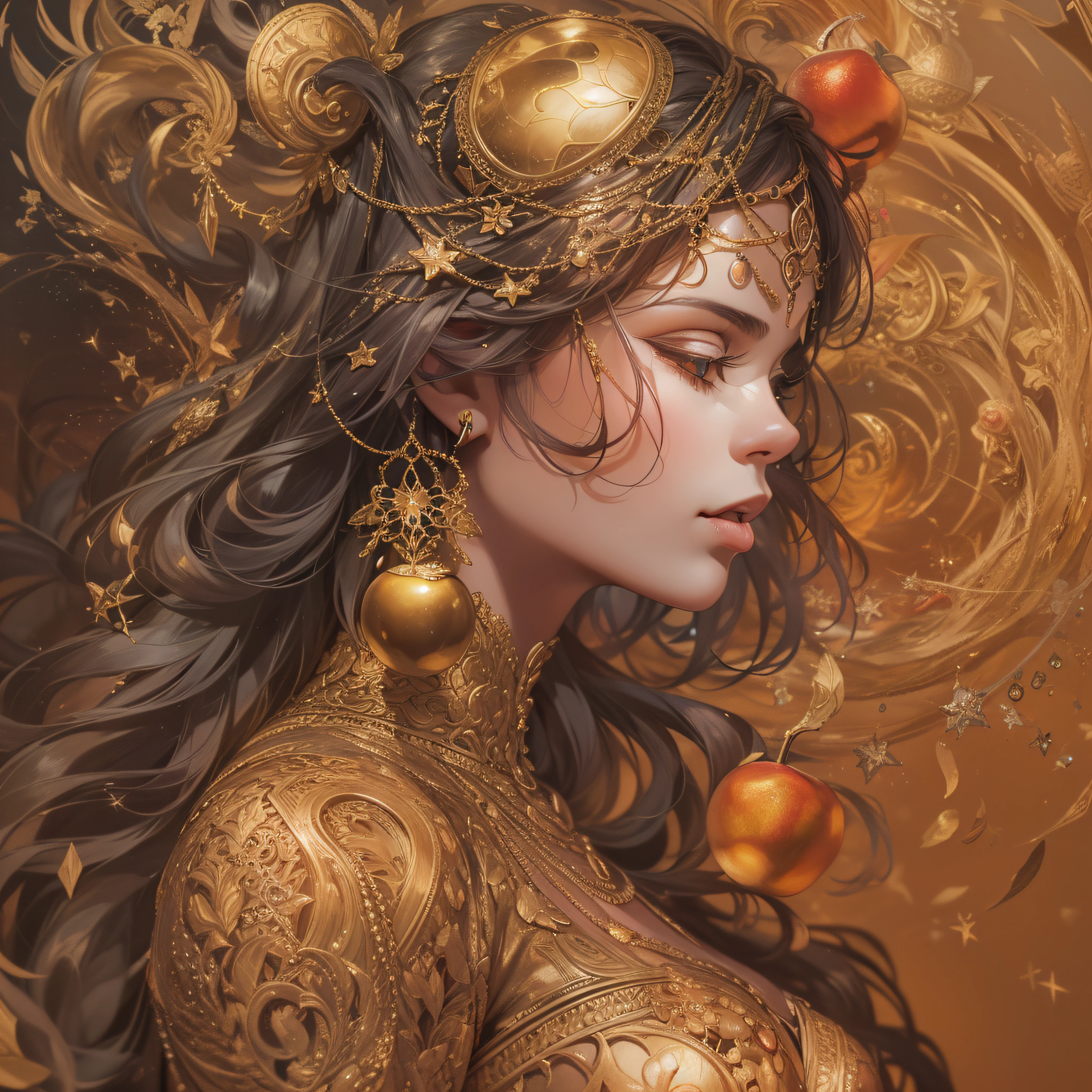 (obra-prima, qualidade superior, melhor qualidade, arte oficial, beautiful and aesthetic: 1.2), (1girl:1.3), Goddess Eris, golden apple, Holding golden mace, dourado extremamente detalhado,(arte fractal:1.1),(dourado), mais detalhado,( zentangle:1.2), (Dynamic Stance), (fundo abstrato:1.3), (pele brilhante), cores brilhantes, ,(brincos:1.4), (penas:1.4)
