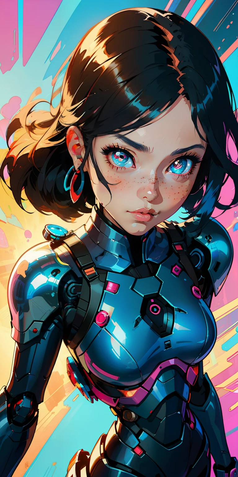 Octane Rendering,full view,8k --niji 5, (best quality, masterpiece, ultra-realistic), portrait of 1 beautiful girl, (head to toe full body image), 1girls, solo, (Bubblegum Crisis style body armor: 2.0), (Knight Saber body armor), female shape, robotic exoskeleton, sleek design, futuristic, late 90's anime style, smooth lines, powered exoskeleton, extremely stylized, deviant art, masterpiece, highly detailed, detailed eyes, expressive detailed eyes, detailed pupils, futuristic, blush, small breasts, lots of freckles, super textured detailed skin, entire body image, full body shot, Bubblegum Crash anime,