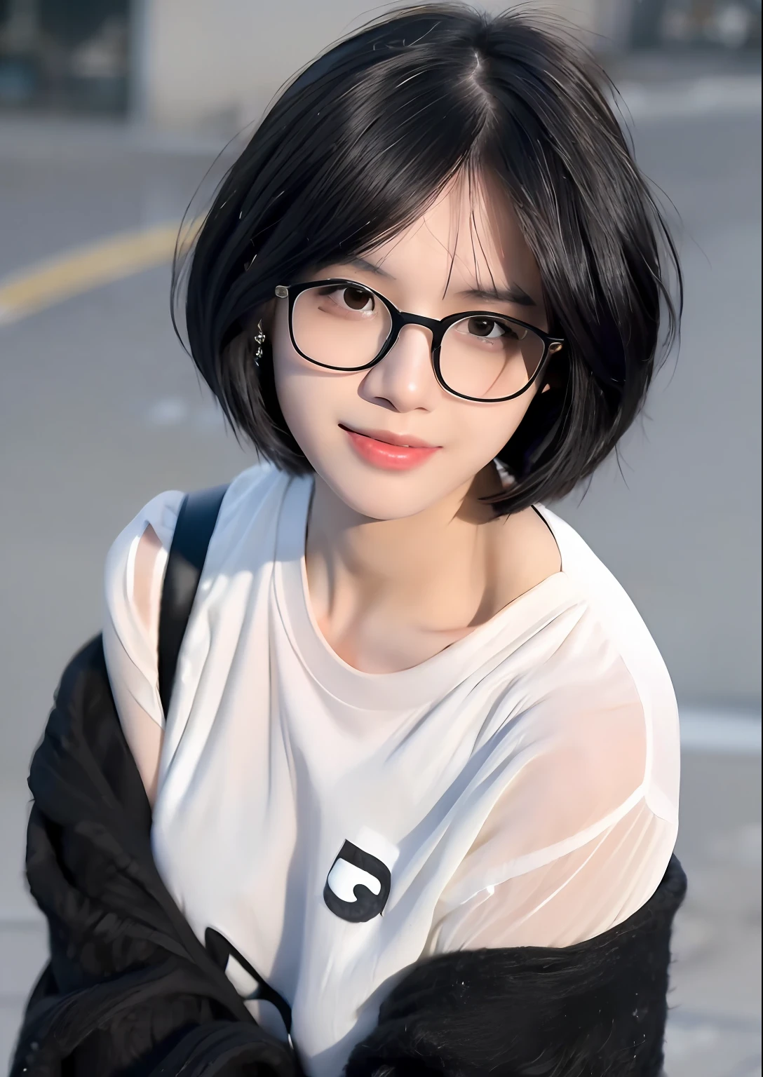 best quality, (photorealistic:1.2), 1girl, solo, shiny skin, detailed face, face focus, black hair, (glasses), bob cut, (looking at viewer:1.5), black eyes, (one eye closed), white shirt, torn jeans,