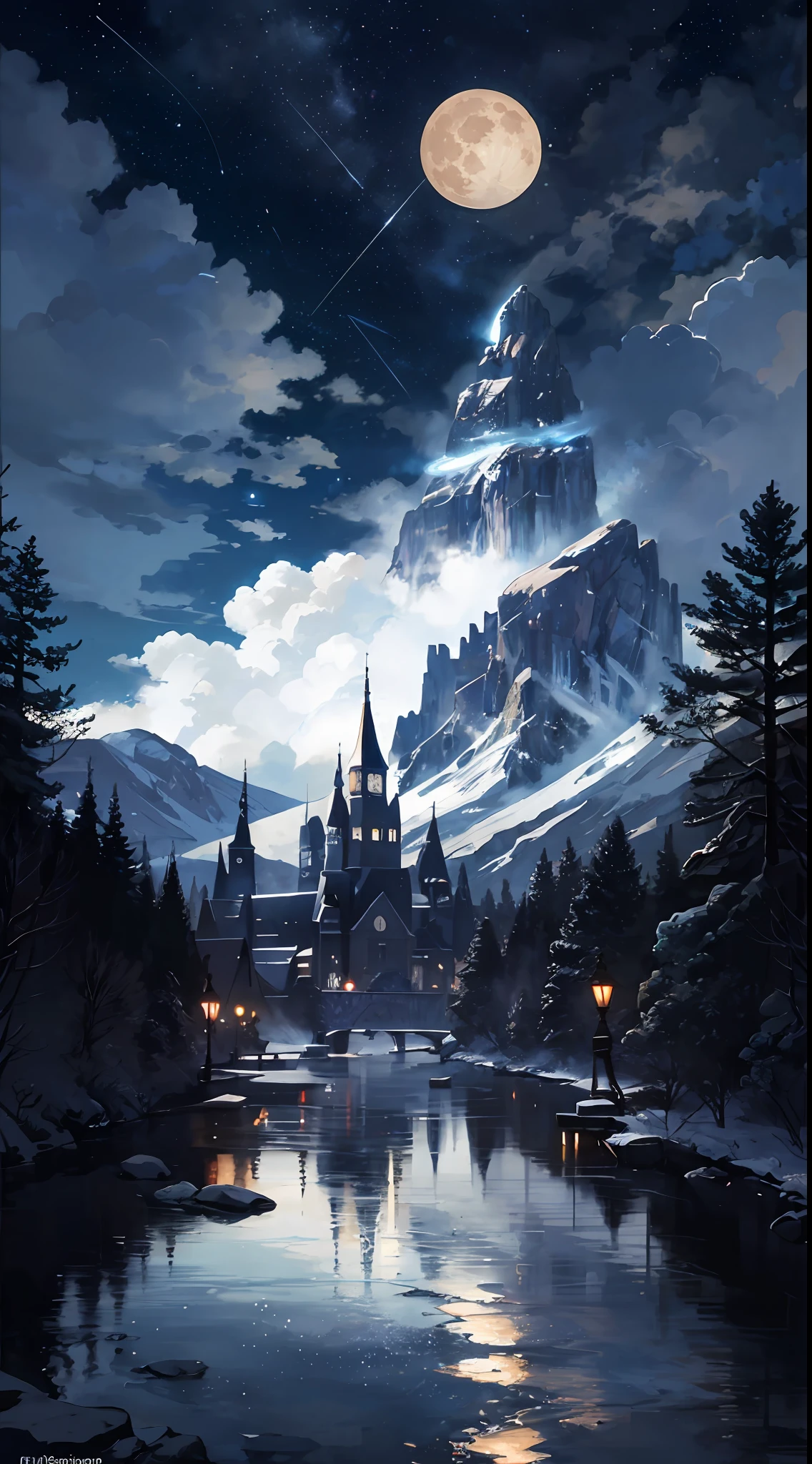 A painting of a river with stars and moon in the sky, concept art inspired by Tosa Mitsuoki, pixiv contest winner, best quality, fantasy art, beautiful anime scene, a bright moon, moonlit starry environment, dream painting, Anime Background Art, Fantasy Landscape Art, Fantasy Night, Anime Background, Background Artwork, Fantastic Art, Atmospheric Anime, Starry Sky, Detail Enhanced.