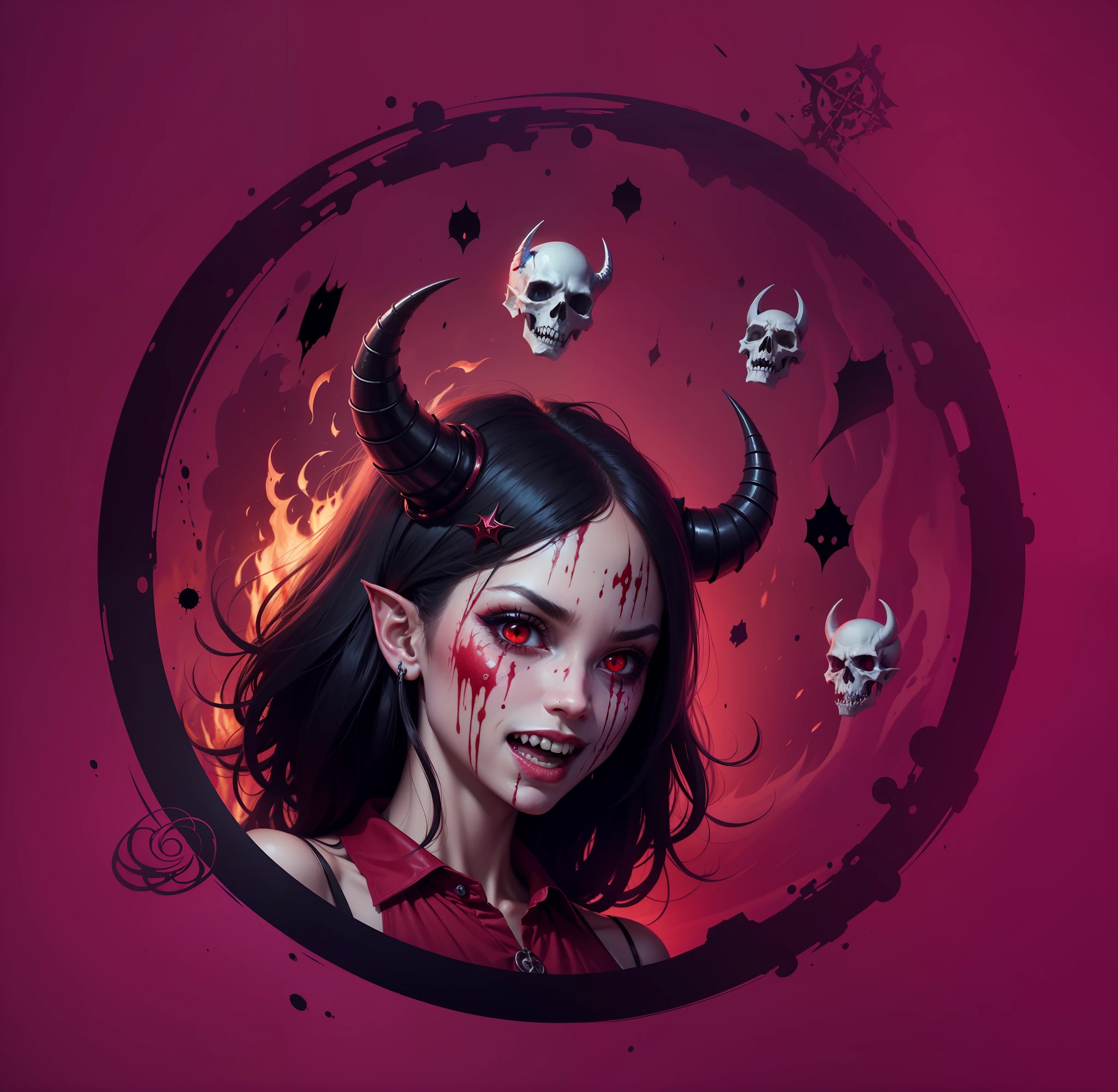 Lady vampire, Satanic, scream, scary, roar, grin, sharp teeth,red eyes, bloodshot eyes, face full of cuts and blood
, elf ears, fire,bloody demon skulls with red eyes, , bloodhell, bloody circle, bloody face, Satanic horn, black lips, baphomet, hell fire, Gothic, 8k quality, realistic, raw photo,