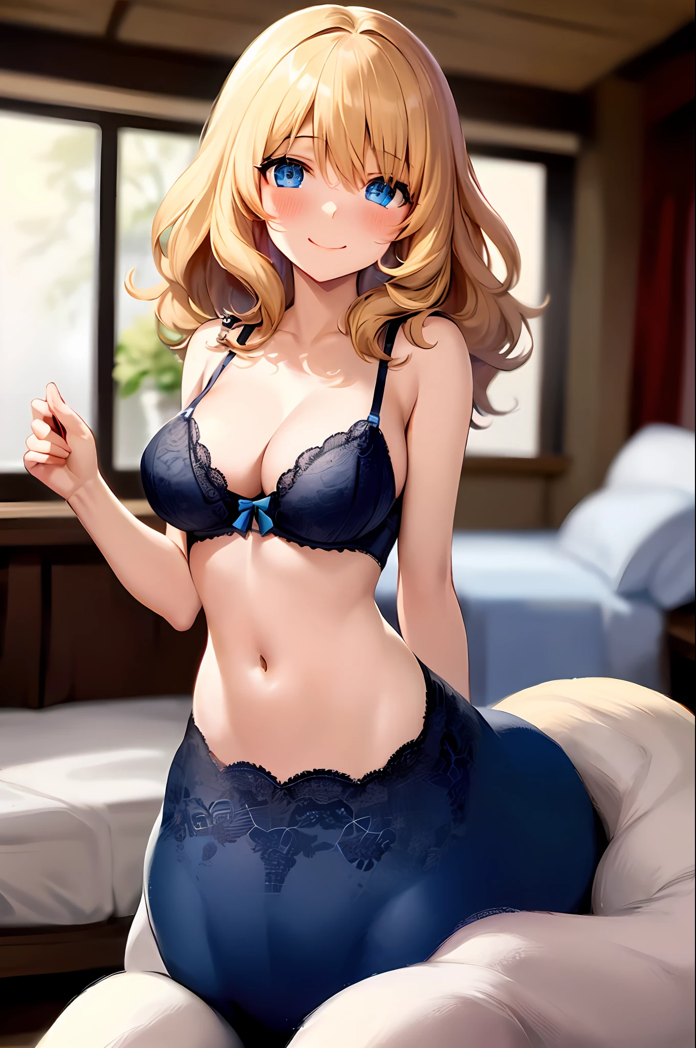 1girl, centaur, blonde hair, medium hair, lace lingerie, blue eyes, happy face, blush, looking at viewer, bedroom,