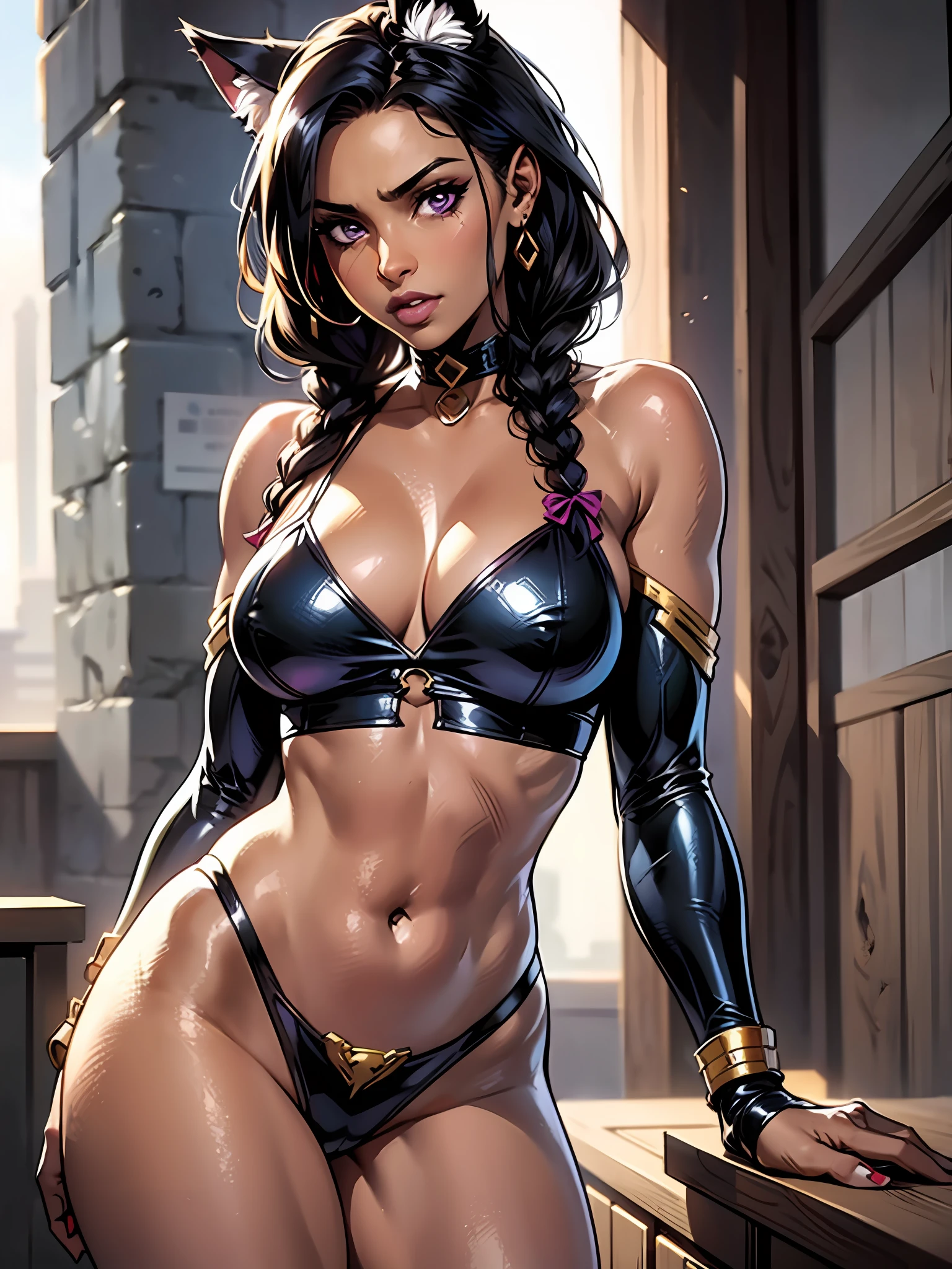 Masterpiece, Excellent, 1girl, solo, complex details, color diffusion, comic book, anime, marvel, DC, catgirl, dark skin, ebony, brown skin, dark-skinned female, thighs, cat ears, dark hair, black hair, braids, dreadlocks, braided hair, purple eyes, skimpy attire, epic attire, assassin, badass, deadly but sexy, trending, demon, goddess, Super Villain