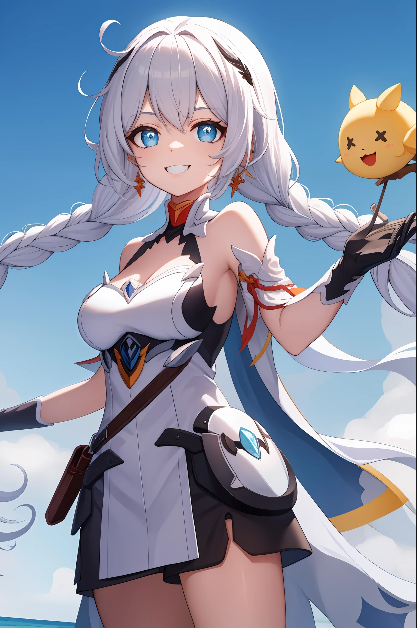 Garota, white hair two long twin braids, olhos azuis marinho, armadura de cavaleira branca com detalhes de azul claro, espada na cintura, usando poderes de gelo, sorrindo, brincos de gelo,capa rasgada azul claro