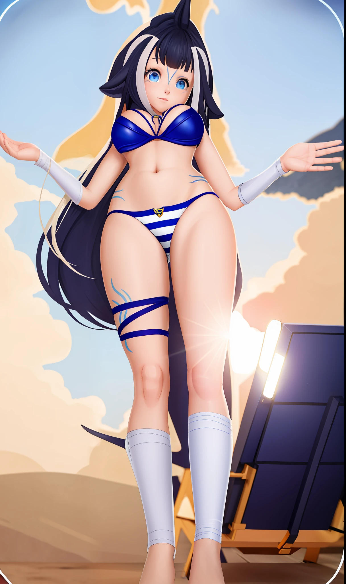 A cartoon image of a woman in a realistic bikini, Estilo de pista Azur, anime vtuber modelo de corpo inteiro,  youtuber virtual, traje: sbikini, roupa de banho, shylily, anime estilo 2D, pose de corpo inteiro, bikini blue, umbigo de fora, barriga bem sexy.