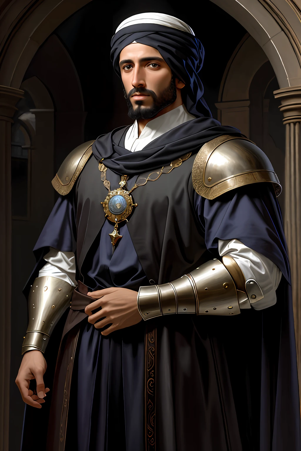 arafed man in a suit of armor standing, portrait, renaissance painting of arab king, renaissance digital painting, inspired by Giovanni Lanfranco, painting of a king, realistic renaissance portrait, medieval portrait